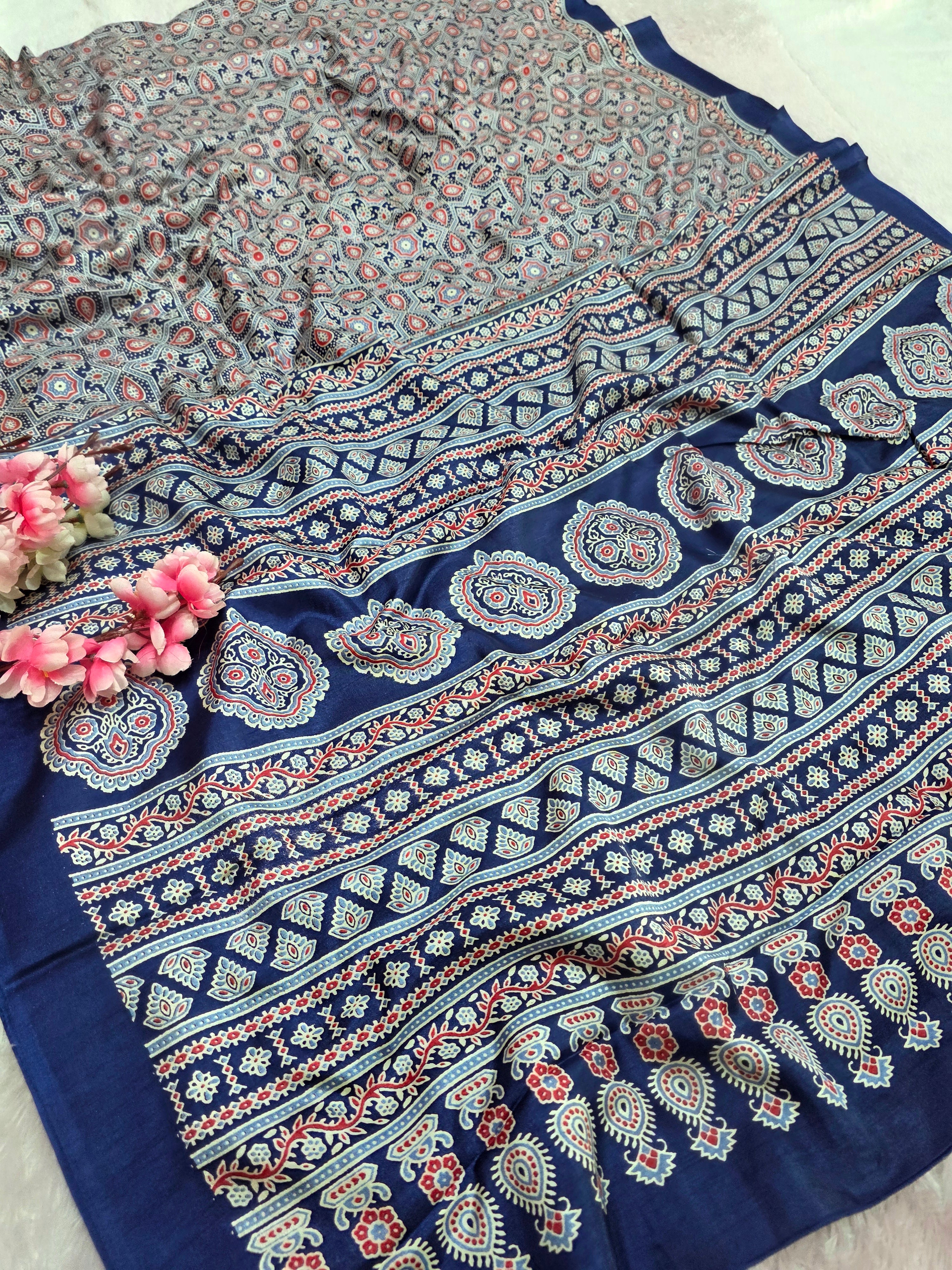 973001 Traditional Ajrakh Print Semi Dola Silk Saree - Blue