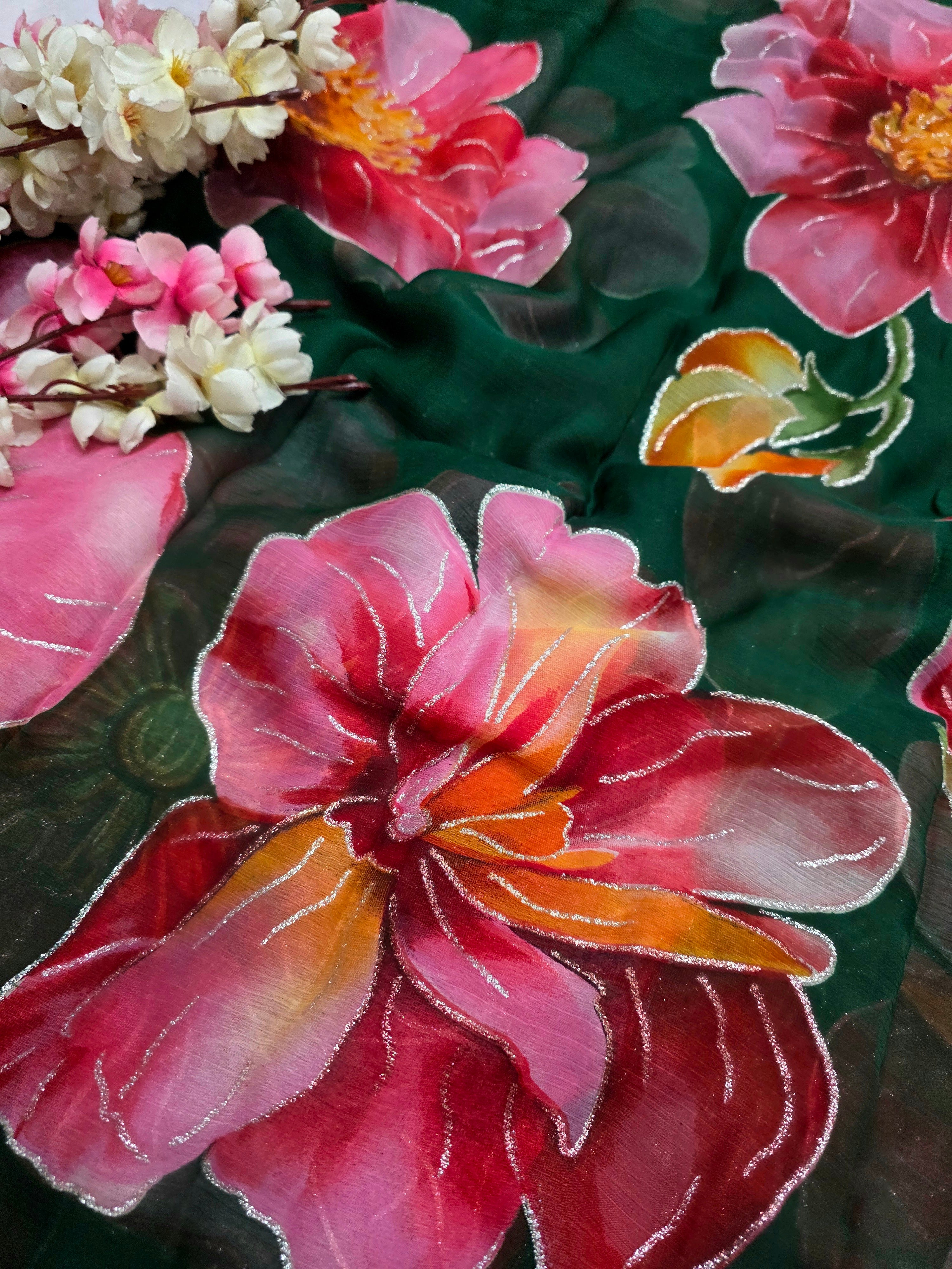 991001 Lightweight Elegant Semi Chiffon Flower Print Saree with Zari Print - Green