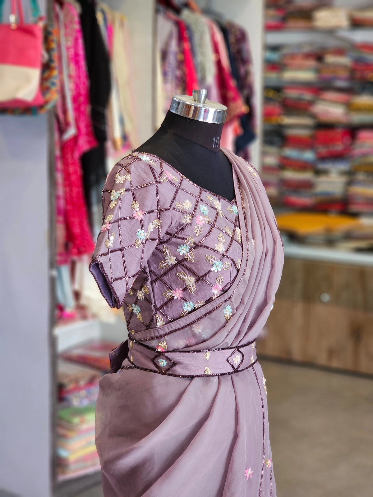 9640 Pure Soft Organza Beautiful Hand Crafted Designer Saree with Stitched Blouse and Belt