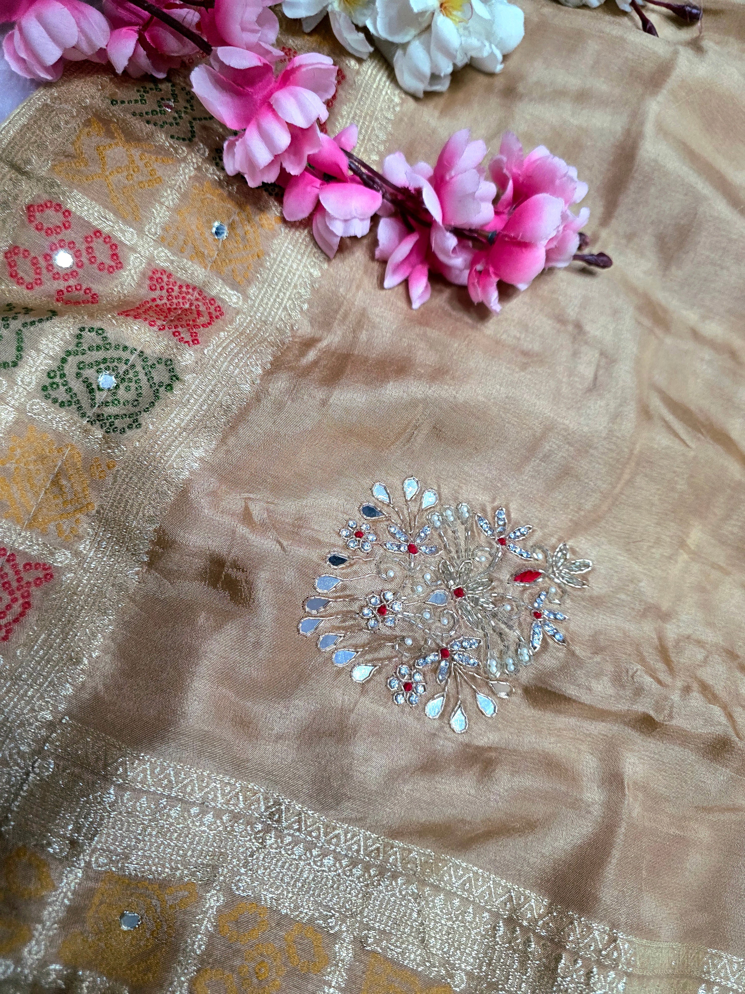 CA0740 Pure Dola Silk Bandhani Border And Handwork Saree - Beige