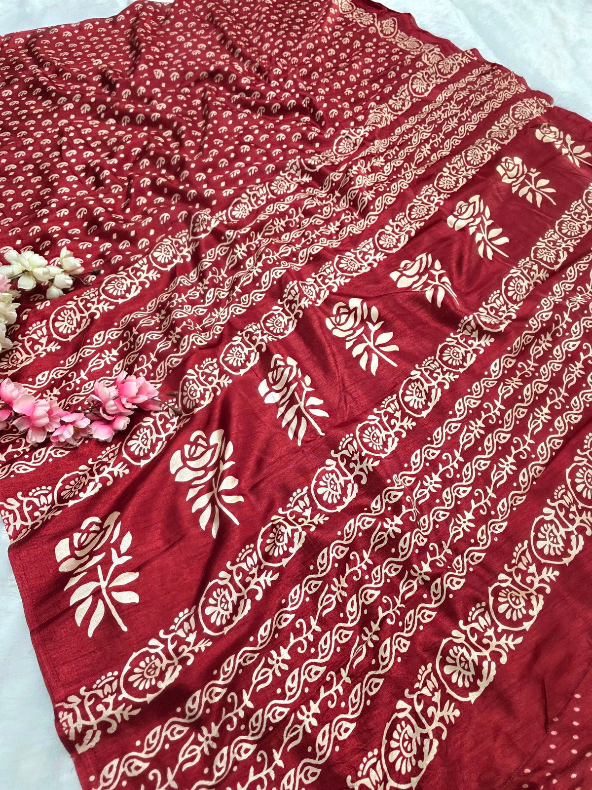 DS149 Semi Dola Silk Block Print Saree - Maroon