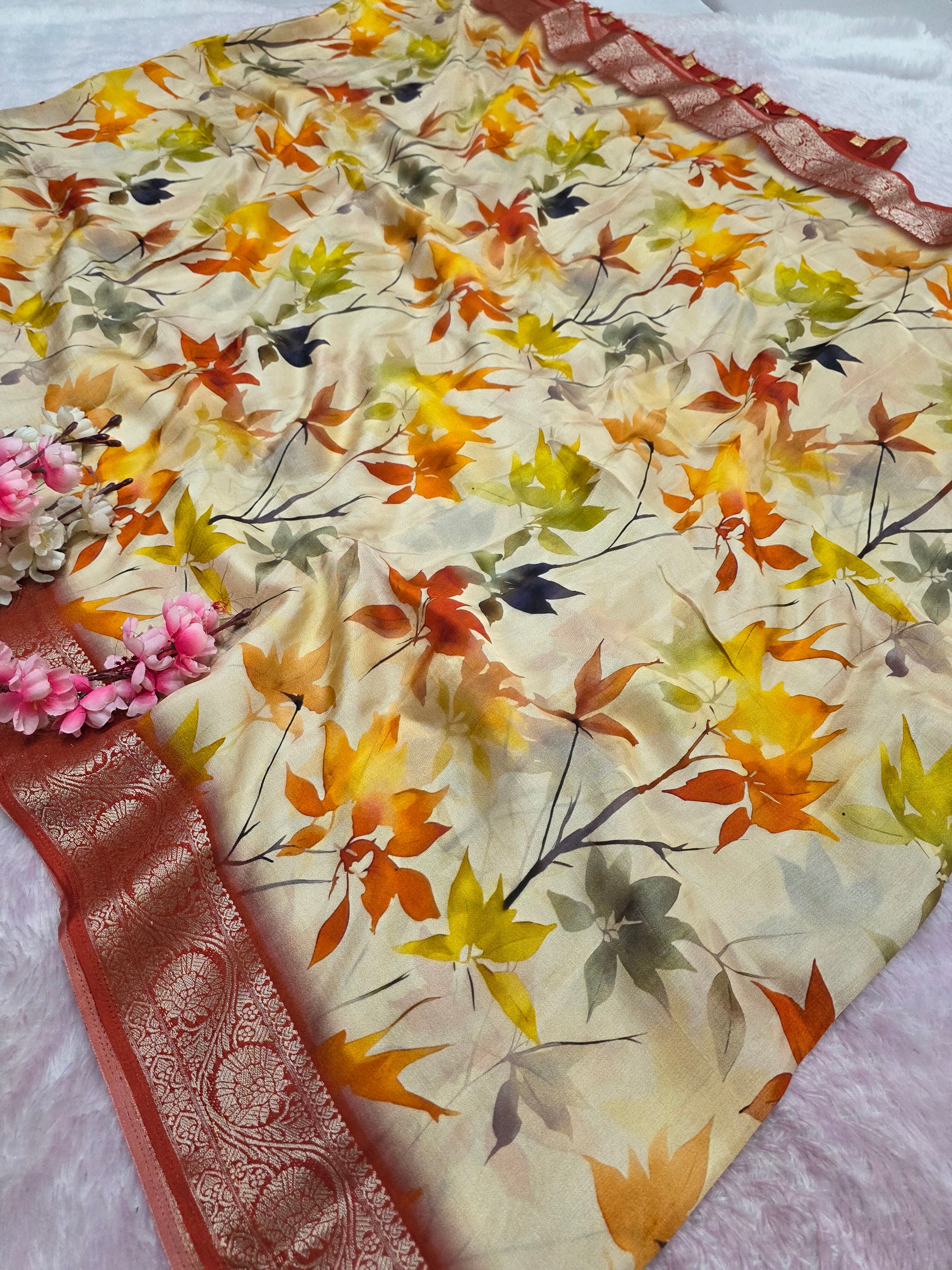 103202 Exclusive Pure Maslin Silk Traditional Print Saree with Zari Weaving Border