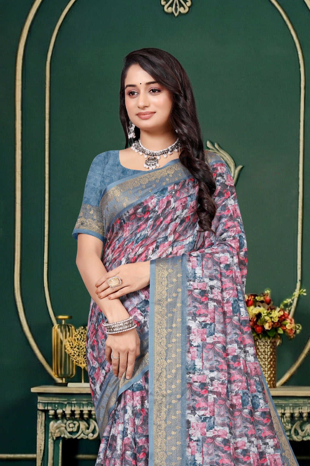 102201 Designer Soft Dola Silk Flower Printed Saree with Zari Weaving Border