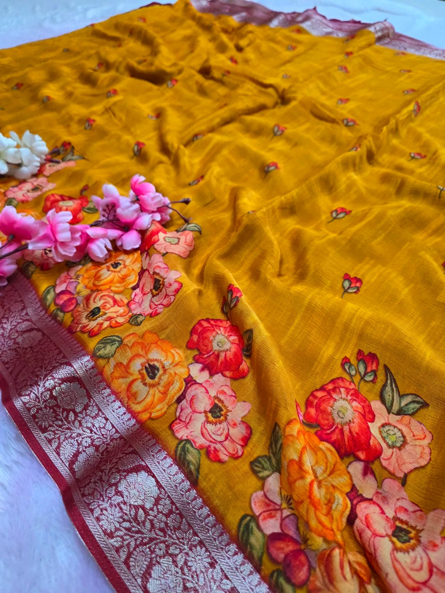 CA0993 Chitra Exclusive Pure Chinon Silk Flower Printed Saree With Zari Border