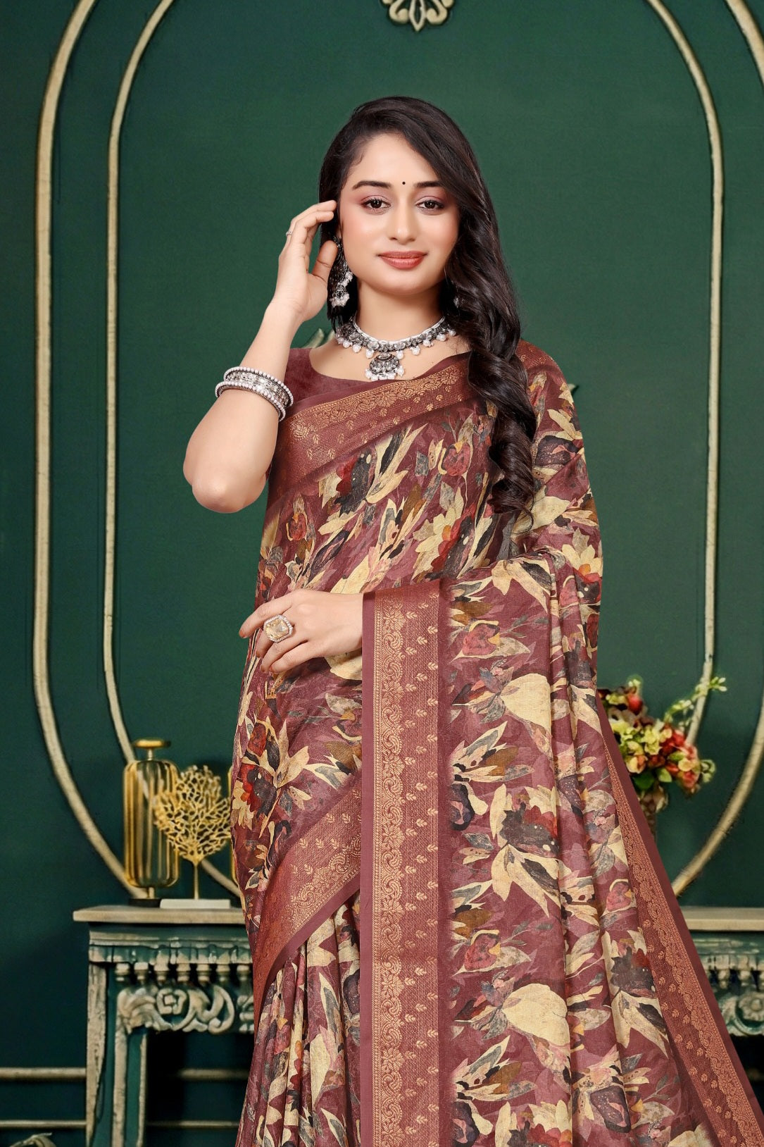 102203 Designer Soft Dola Silk Flower Printed Saree with Zari Weaving Border