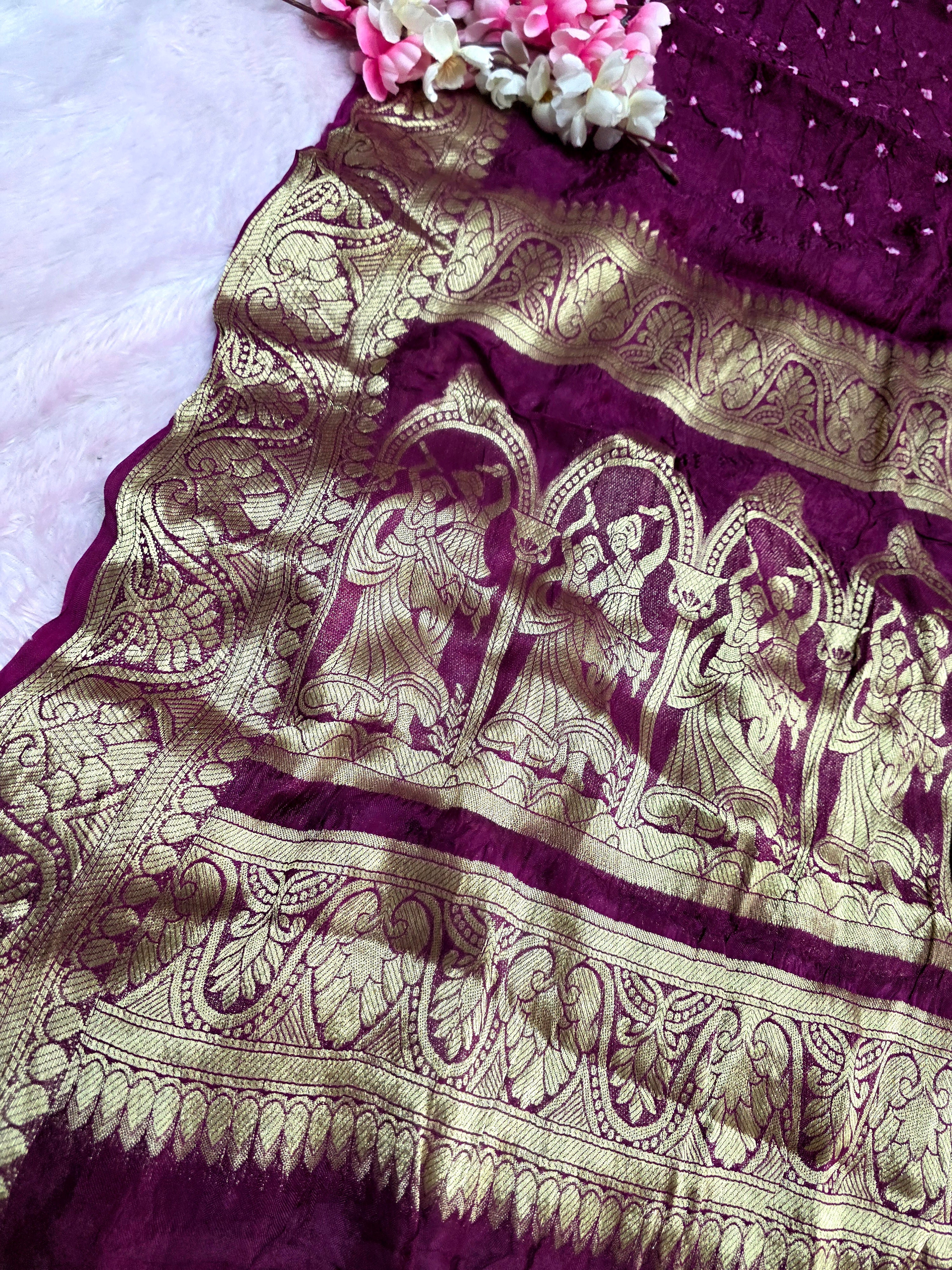 101801 Traditional Bandhani Saree with Banarasi Weaving Pallu and Border - Wine