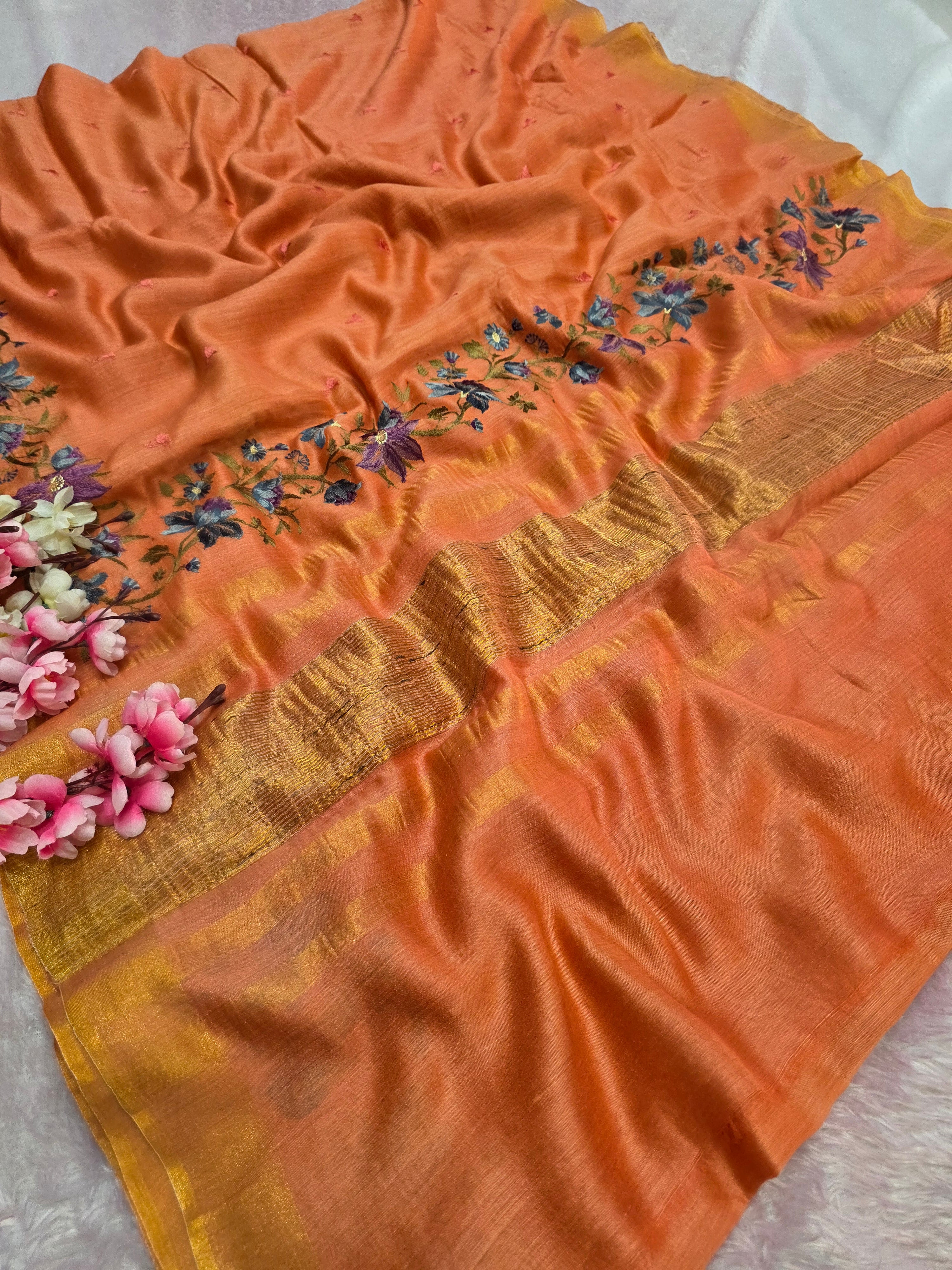 4584 Pure Tussar Silk Beautiful Hand Crafted Designer Saree with Hand Embroidery