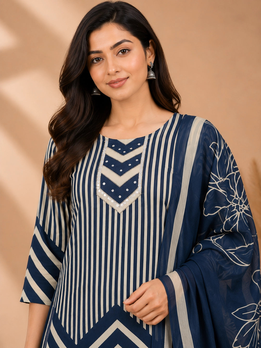2008 Pure Cotton Straight Designer Print Cotton Kurti Set With Pant and Dupatta - Blue