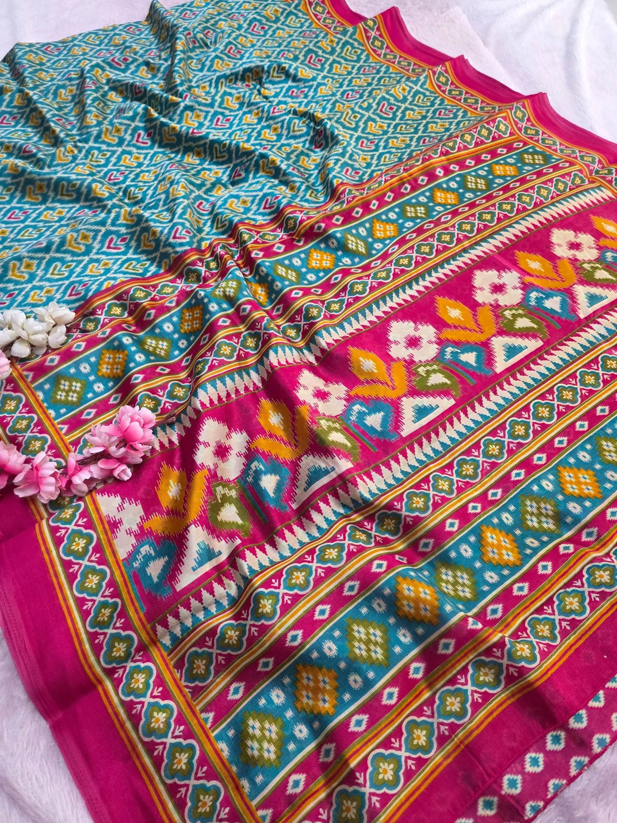 CA1525 Soft Silk Designer Patola Print Saree - Teal Green