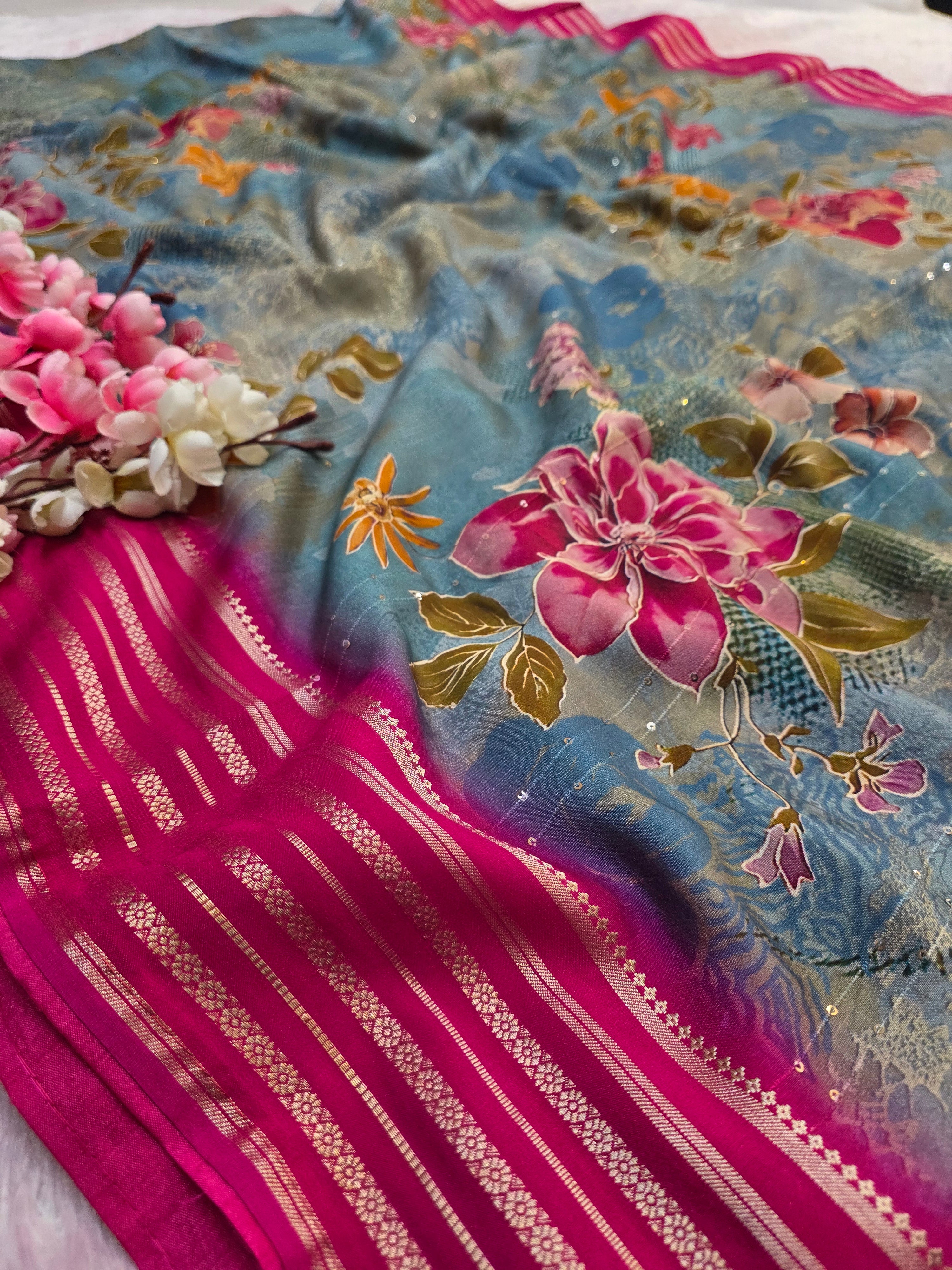 104008 Chitra Special Maslin Silk Designer Flower Print Saree with Zari Weaving Border