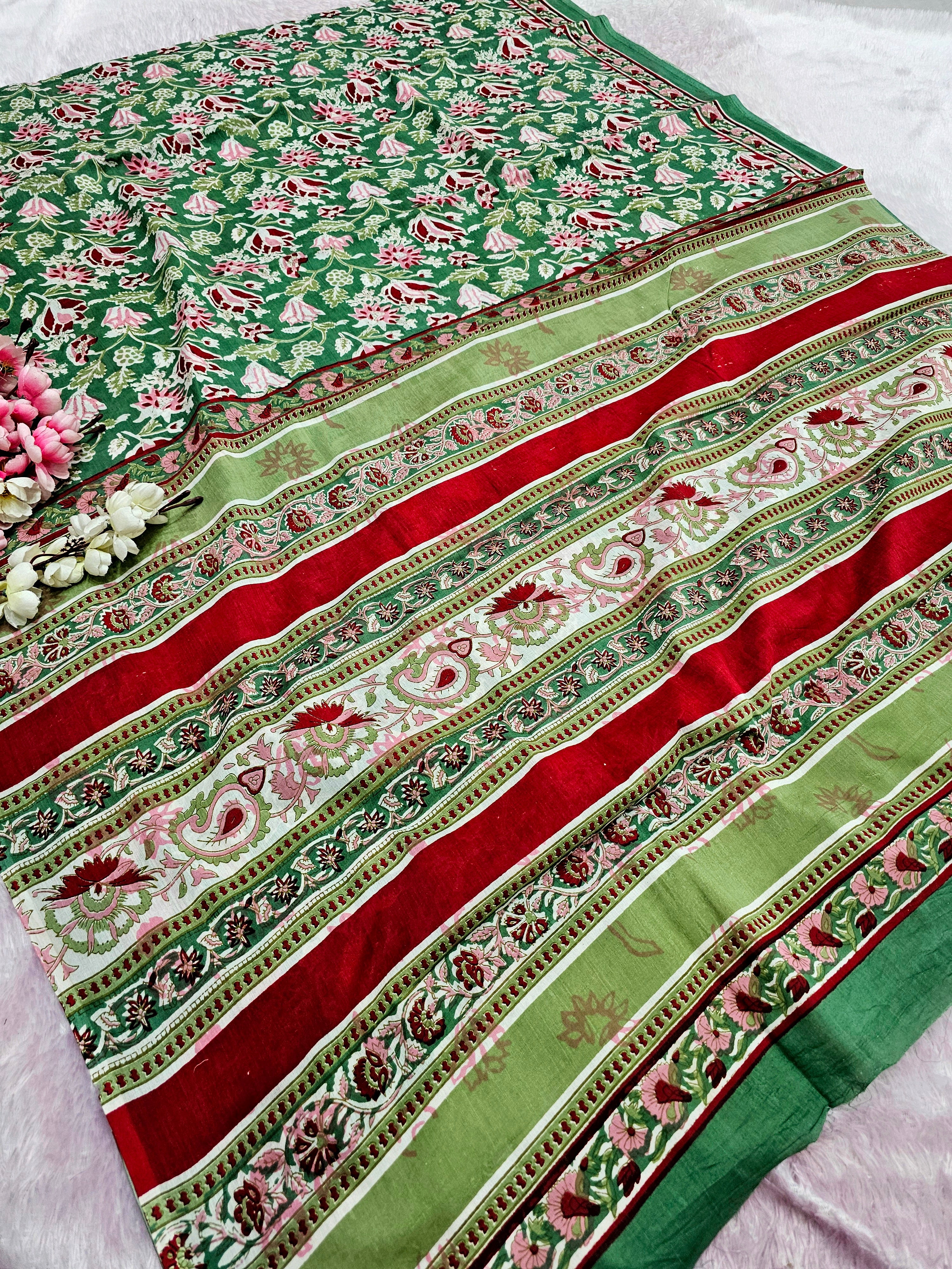 100003 Rajasthani Traditional Pure Malmal Cotton Hand block Printed Green Saree