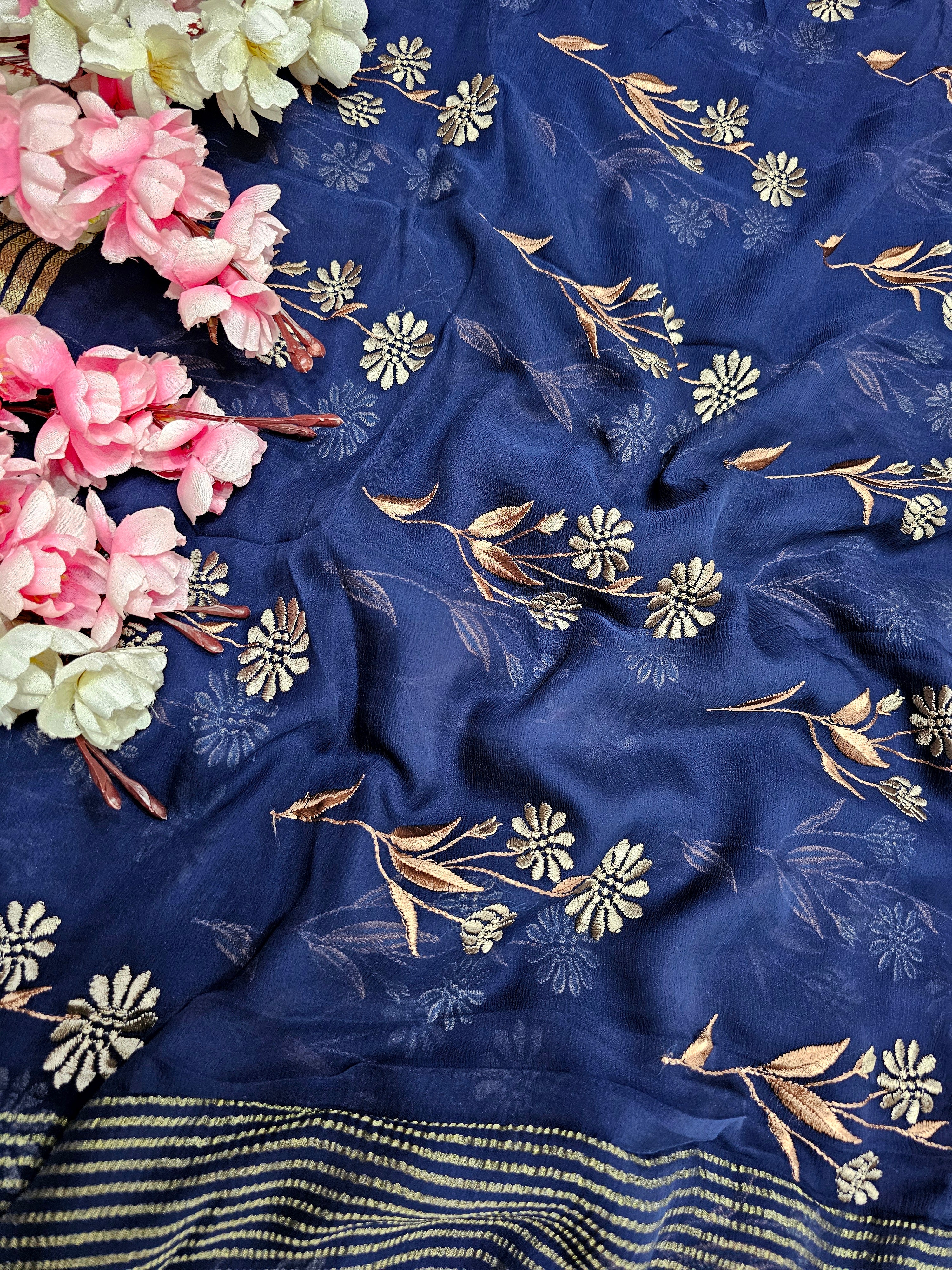 CA654 Pure Original Chiffon Blue Saree with Embroidery And Zari Border