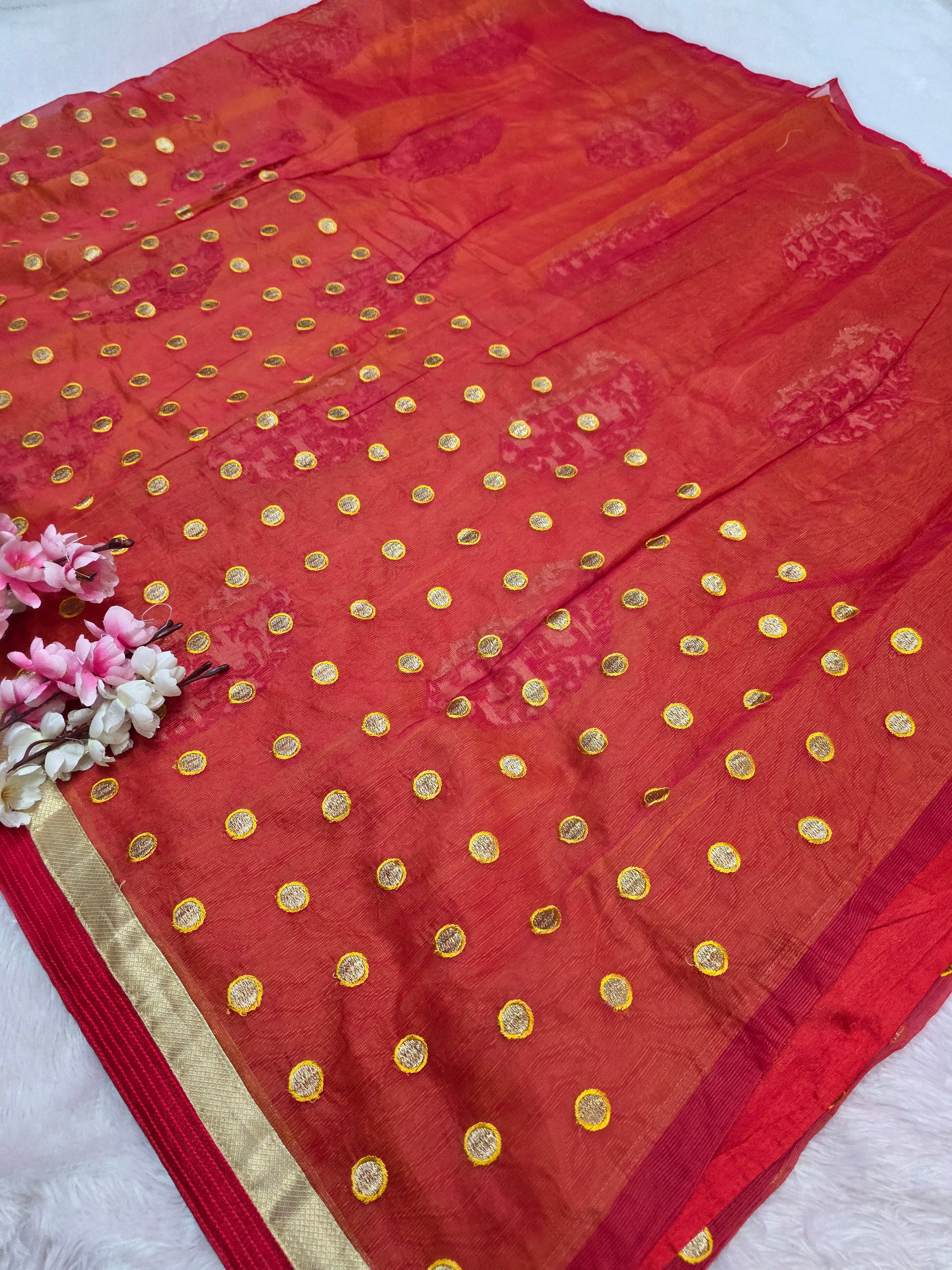 857003 Designer Supernet Orange Red Half Half Saree with Embroidery