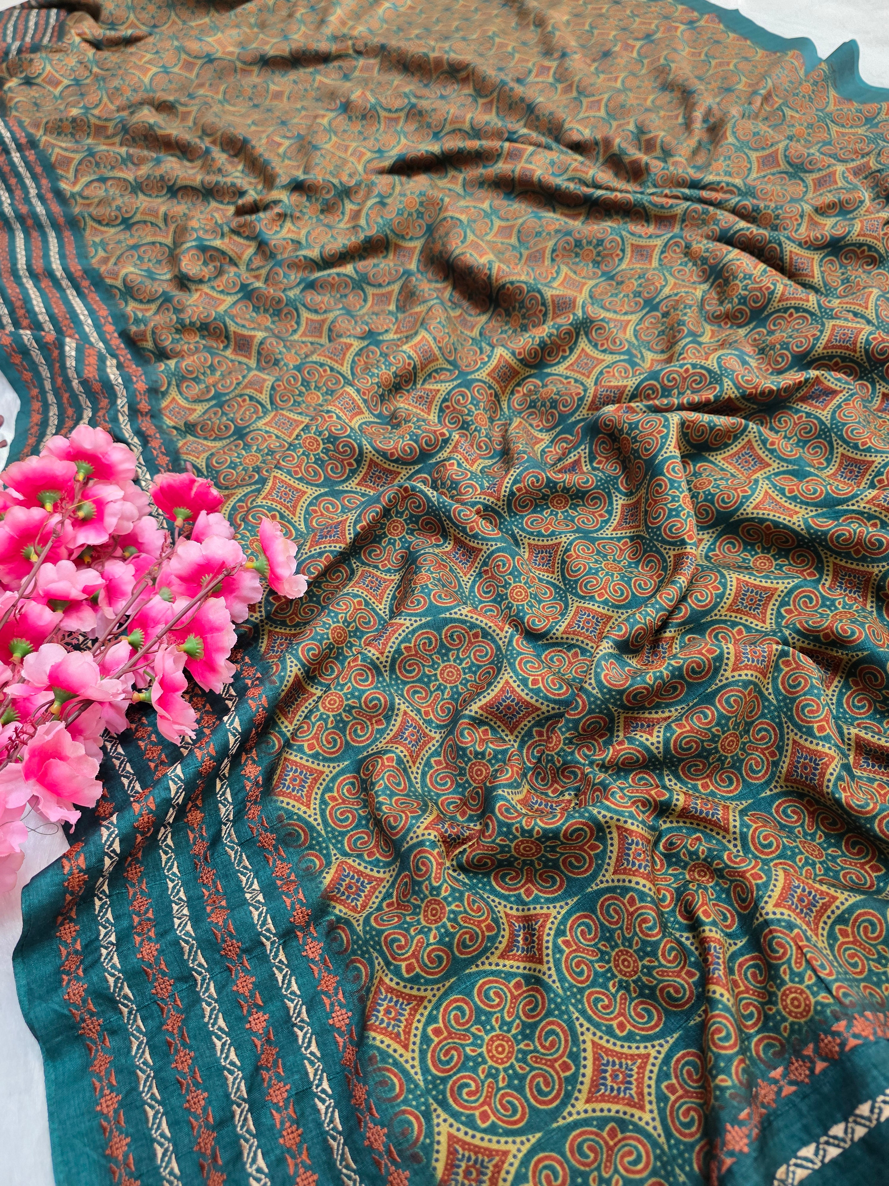 459006 Semi Silk Ajrakh Print Saree With Embroidery - Green