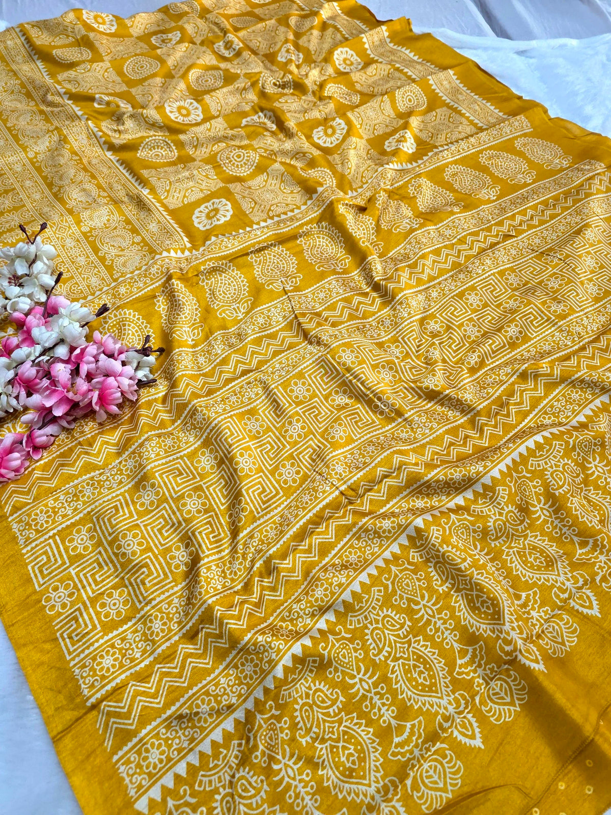 DS287 Semi Dola Silk Block Print Saree - Yellow