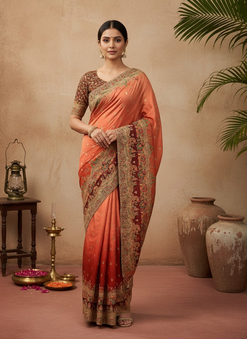 997003 Unique Kashmiri Work Pure Natural Viscos Silk Saree