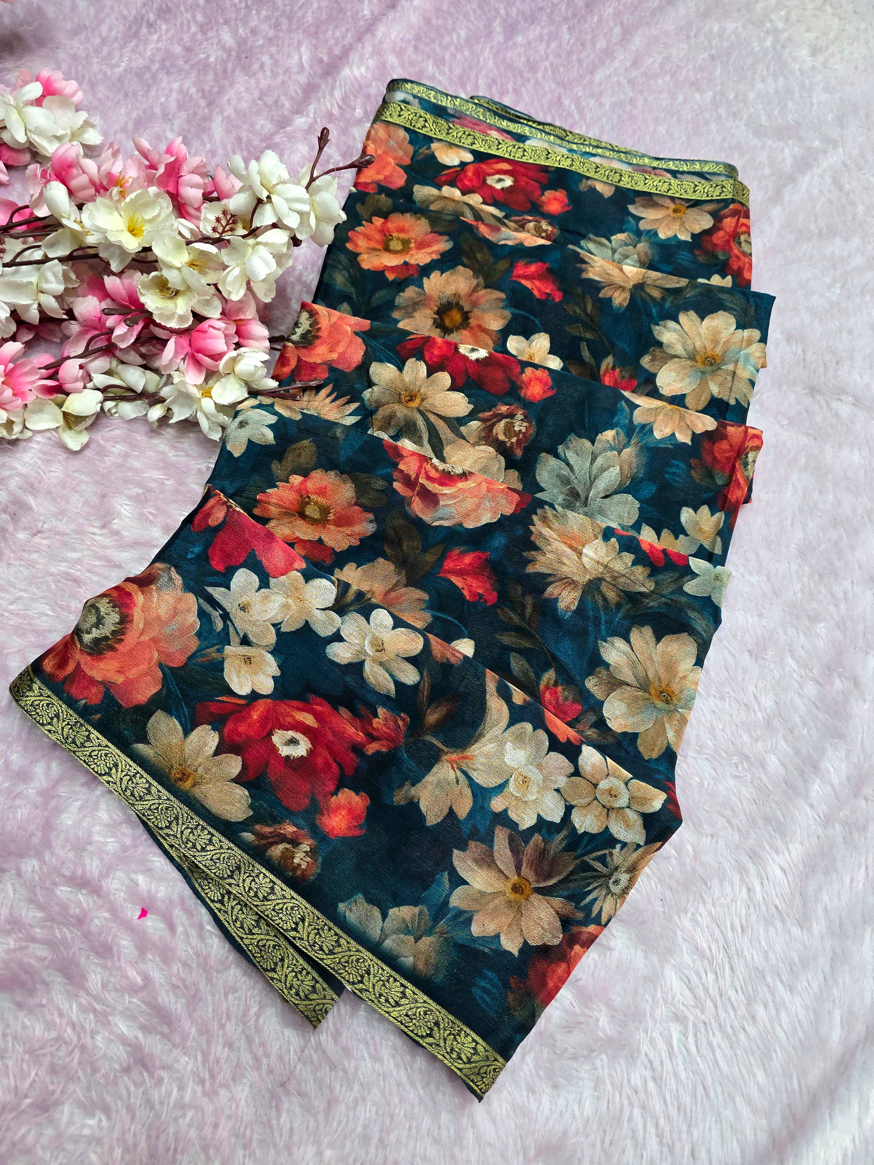 CA0825 Pure Chinon Silk Flower Print Saree - Teal Blue