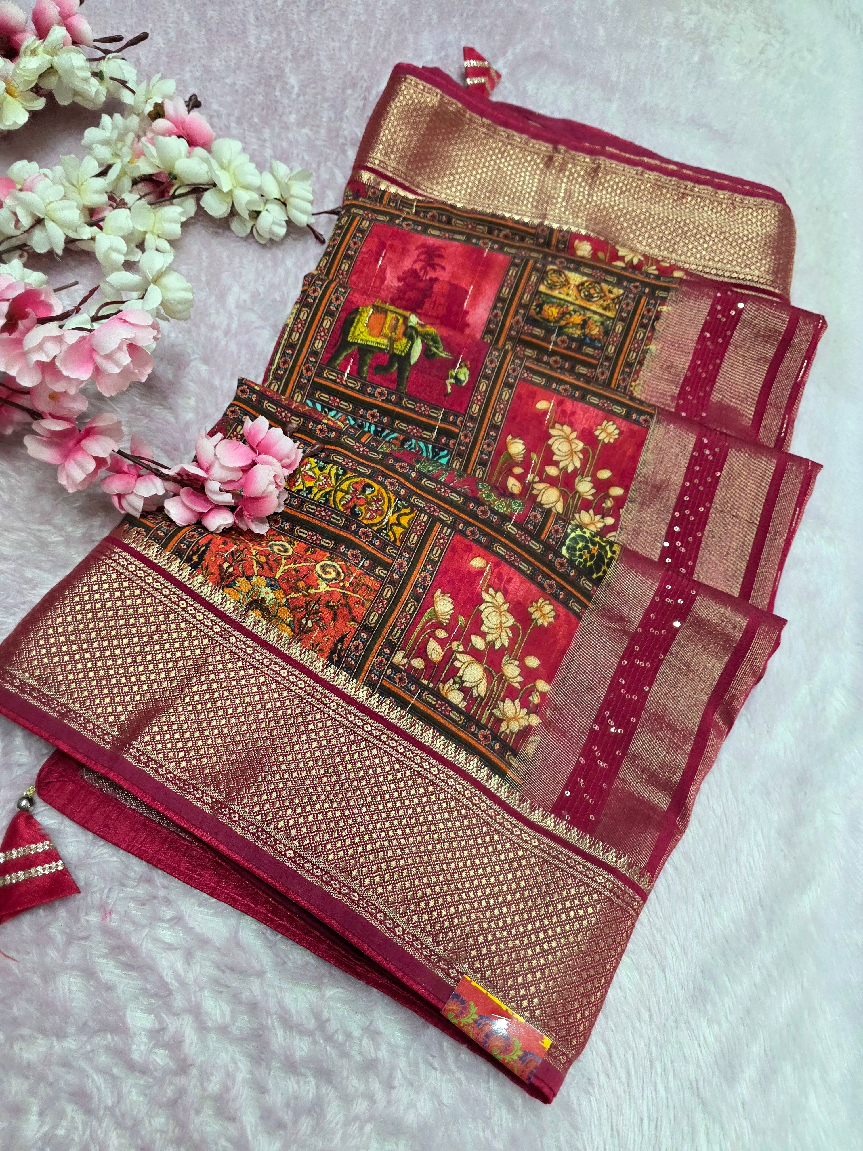 12625 Beautiful Pure Maslin Silk Traditional Print Saree with Zari Weaving Border Brocket Blouse