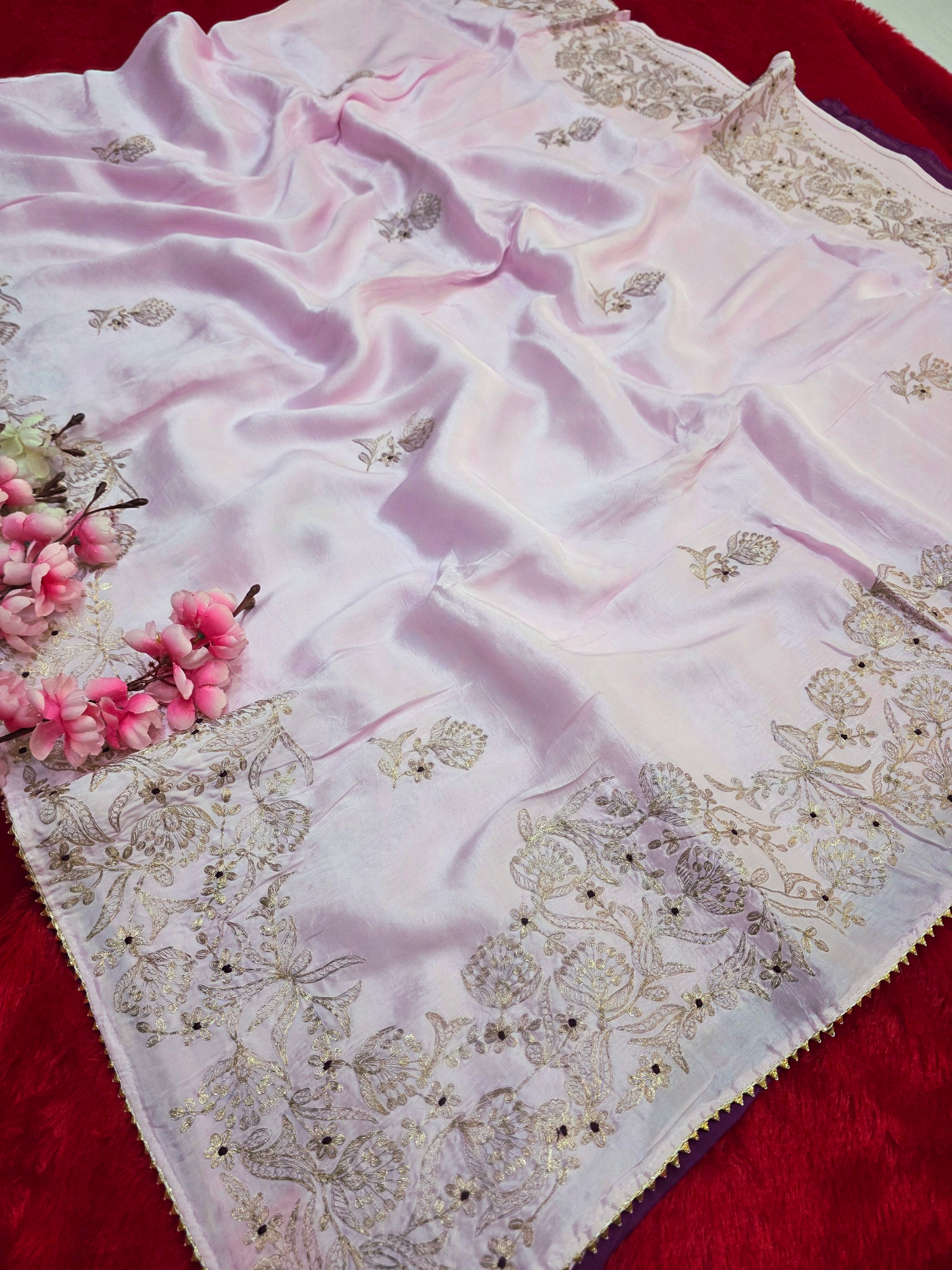 9641 Stylish Pure Russian Silk Pink Saree with Hand Pitta Zari Work