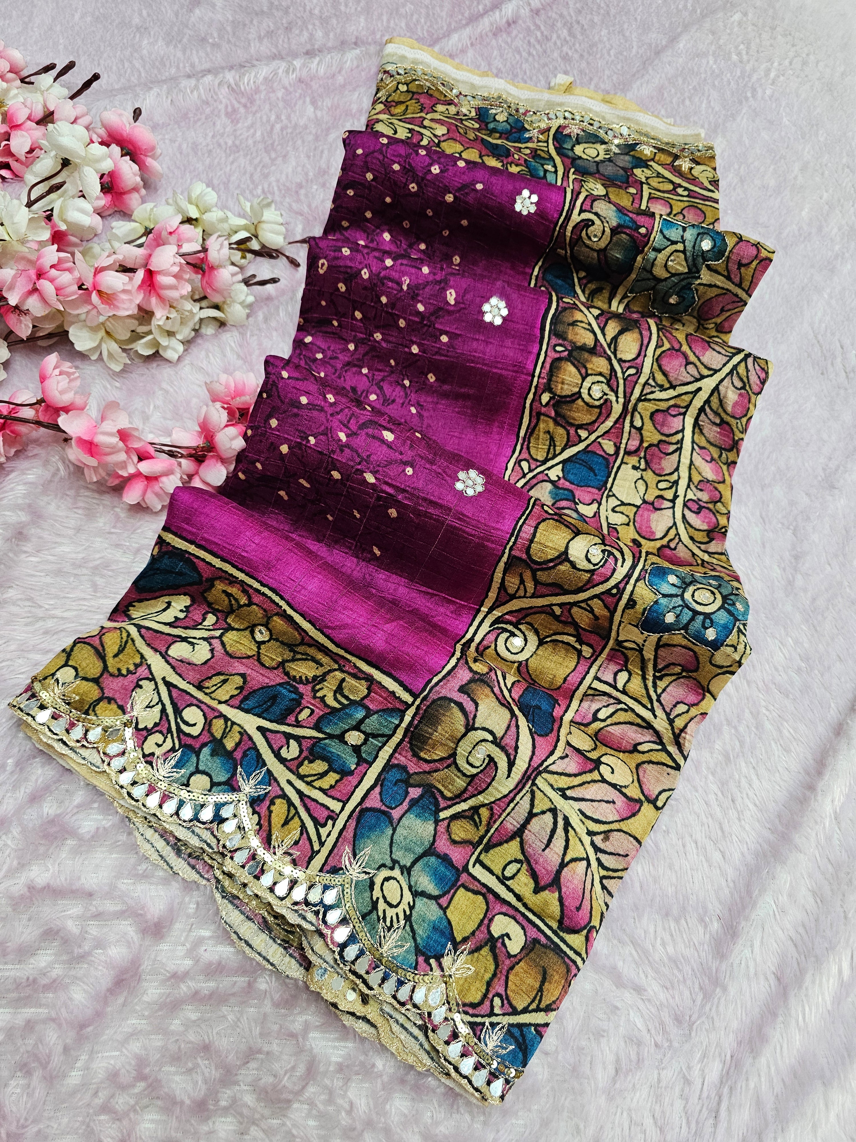 CA1022 Pure Tusser Silk Kalamkari Wine Saree