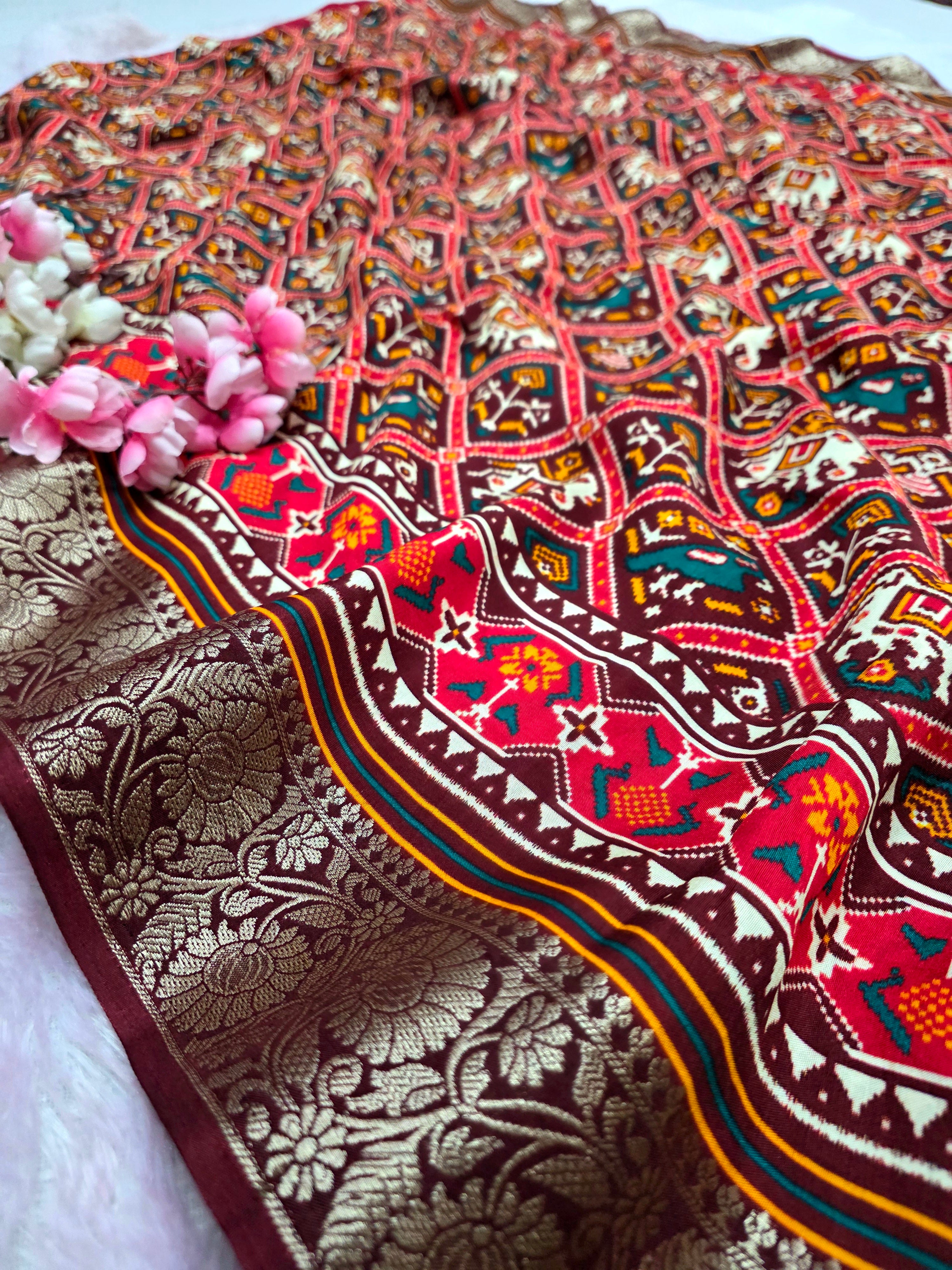 102302 Beautiful Pure Maslin Silk Patola Print Saree with Zari Weaving Border and beautiful Brocket Blouse