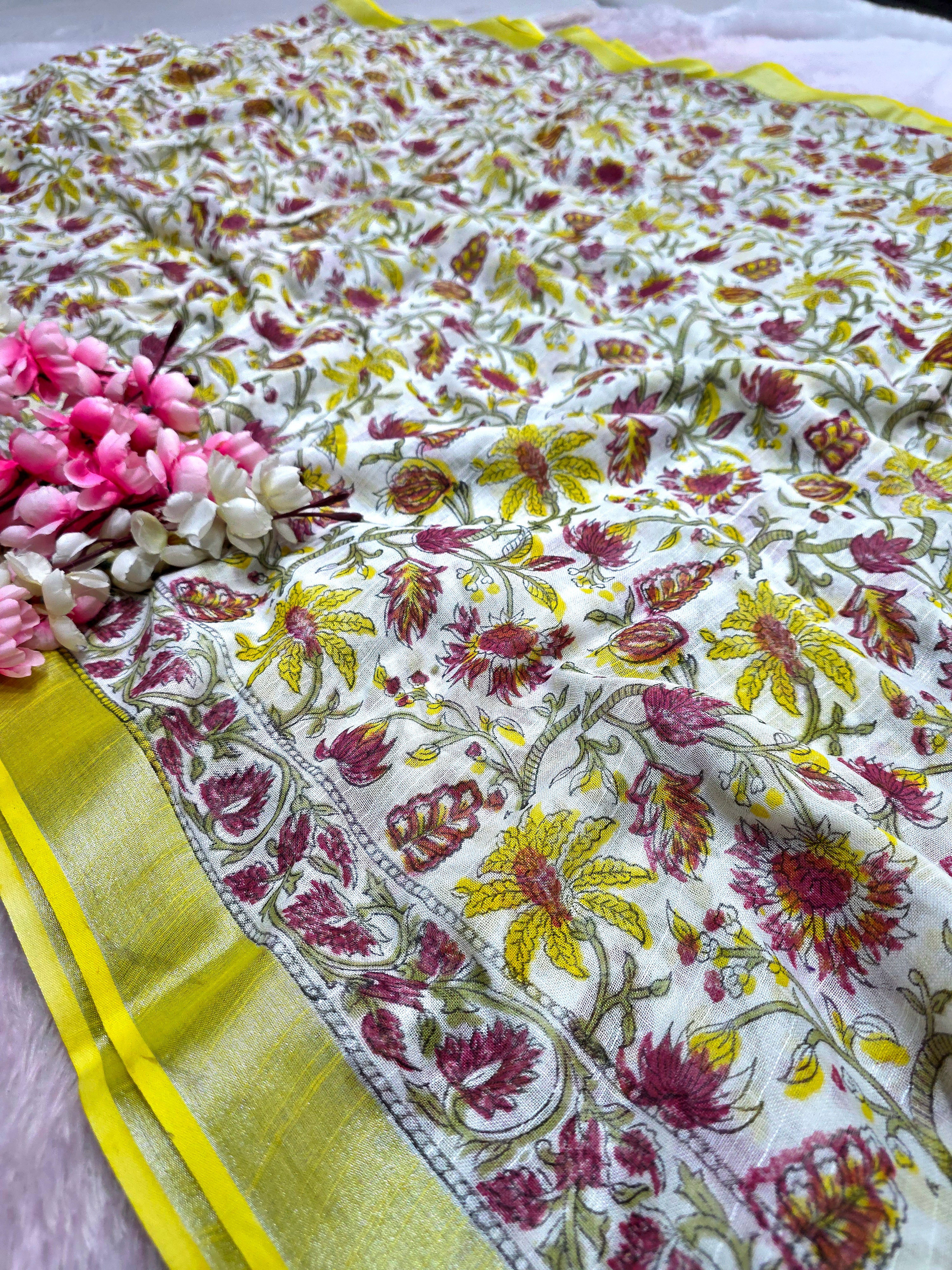 CA1440 Pure Rajasthani Linen Yellow White Saree