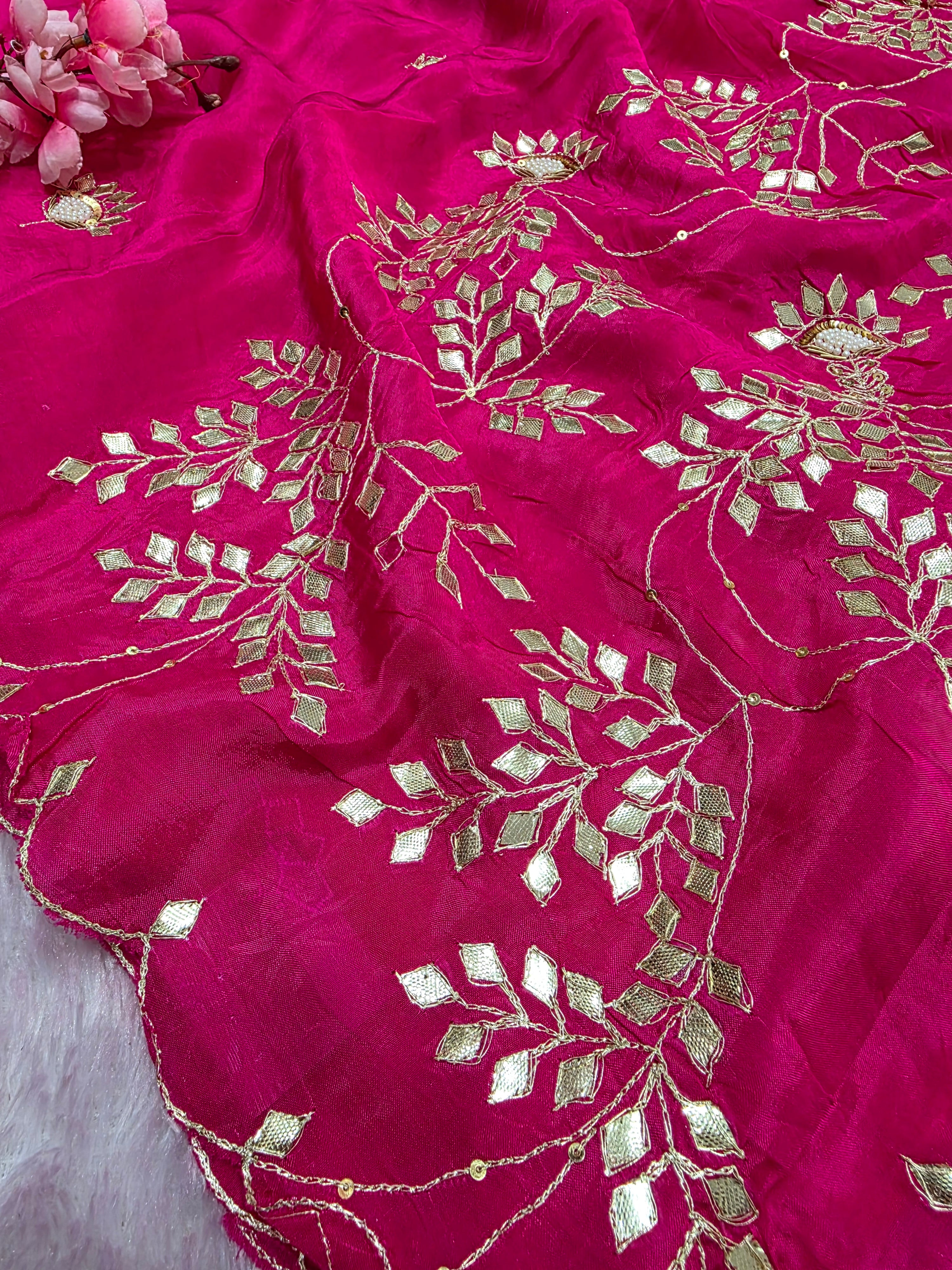 102601 Pure H.O. Silk Designer Saree with Rajasthani Aari Tari , Pearl and Gota Patti Work - Rani