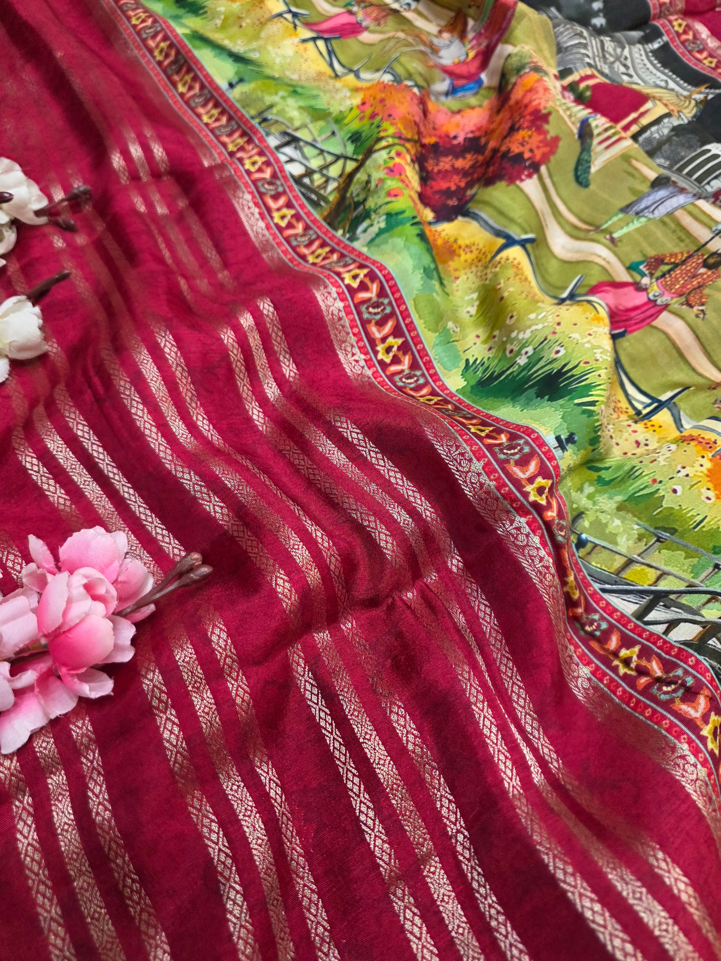 शुद्ध टसर सिल्क हाथ से बनी लेहरिया साड़ी प्रीमियम गोटापट्टी वर्क के साथ - 8837