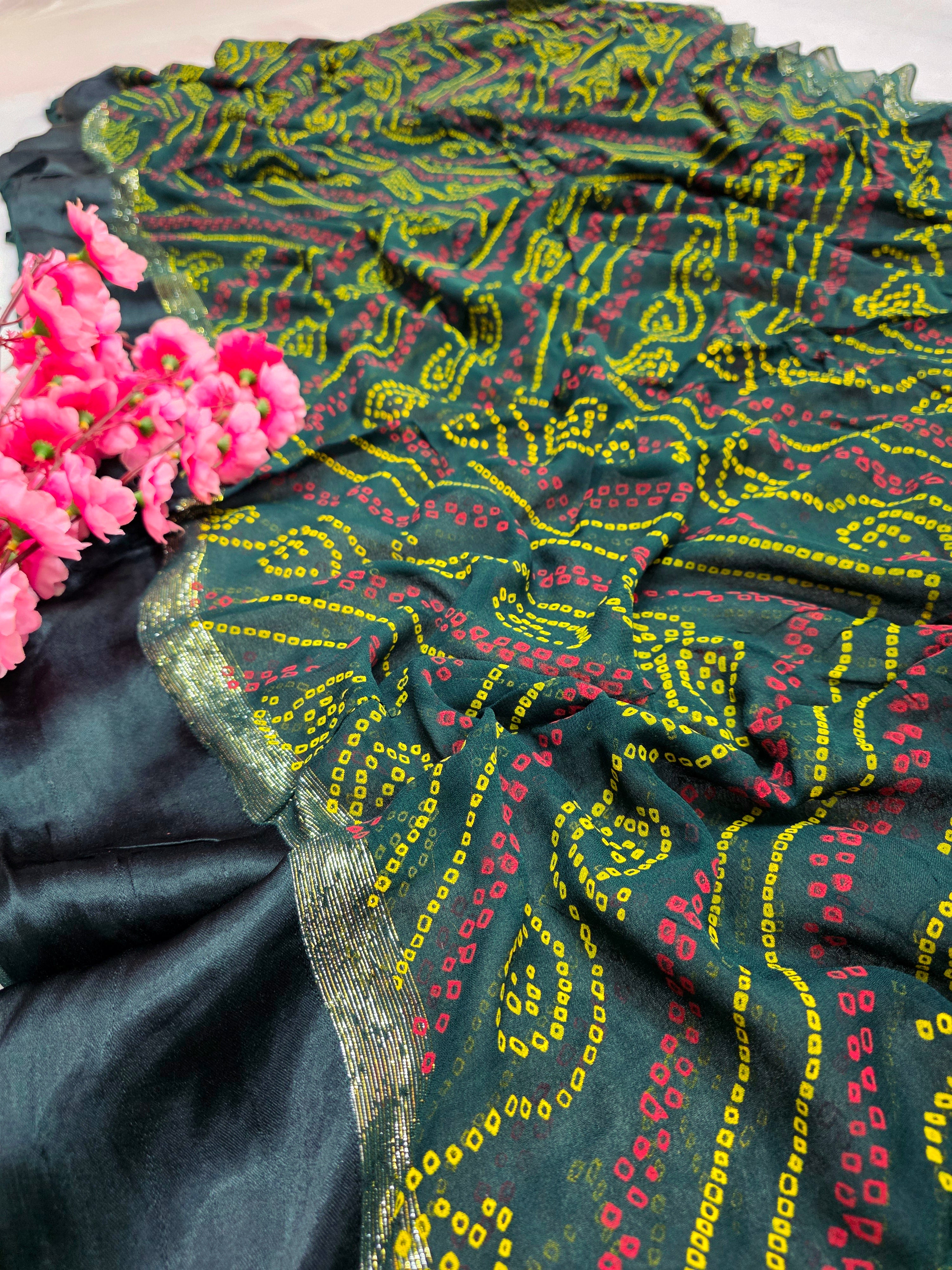 786001 Rajasthani Pure Georgette Bandhani Saree With Satin Border green