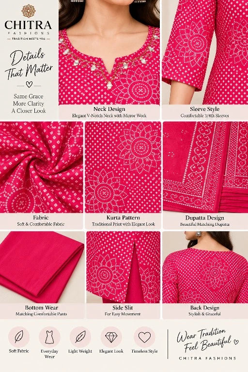 2084 Pure Cotton Straight Bandhani Print Cotton Kurti Set With Pant and Dupatta - Rani