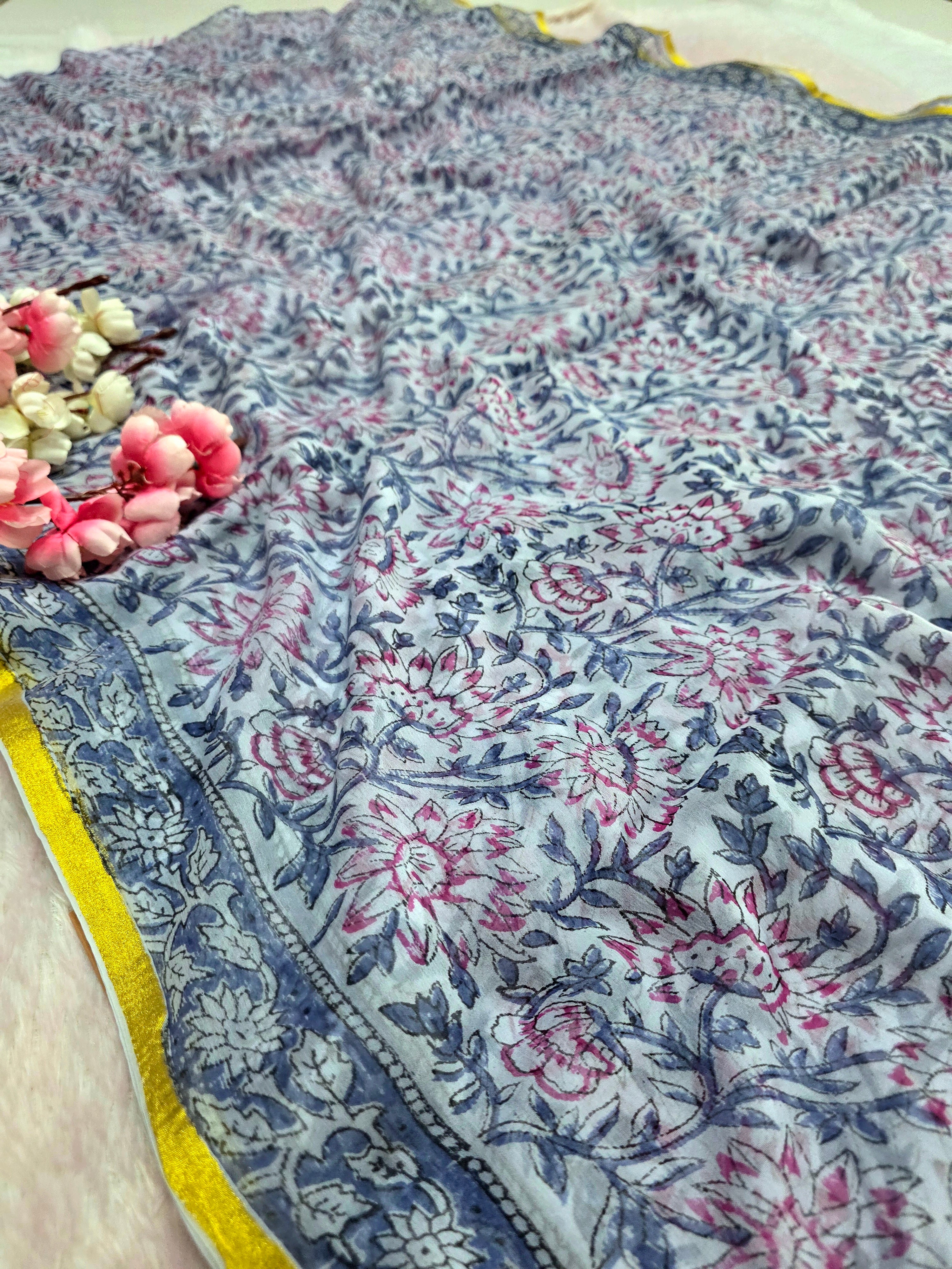 104303 Pure Rajasthani Diamond Chiffon Saree with Hand Ajrakh Print