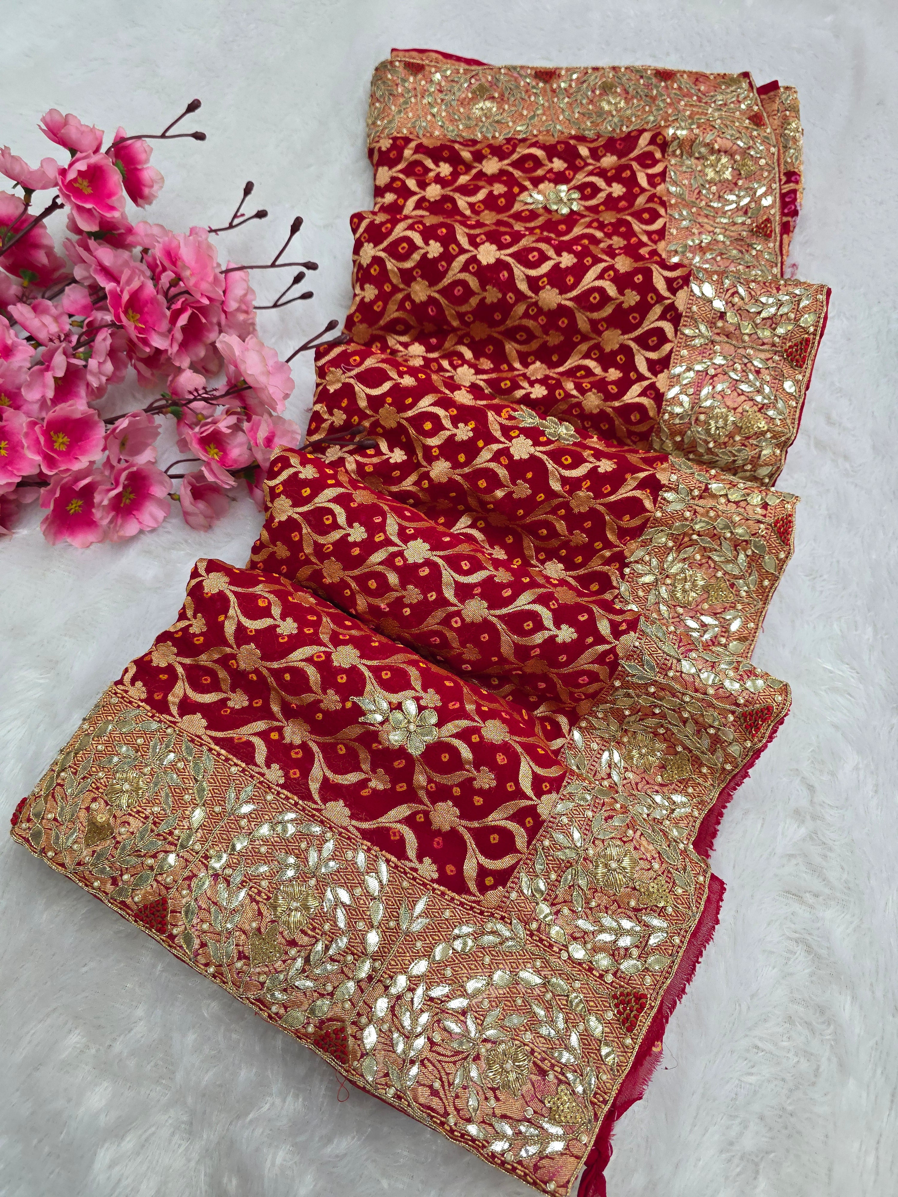 9614 Exclusive Pure Georgette Hand Rai Bandhani Saree With Premium Gotapatti Work