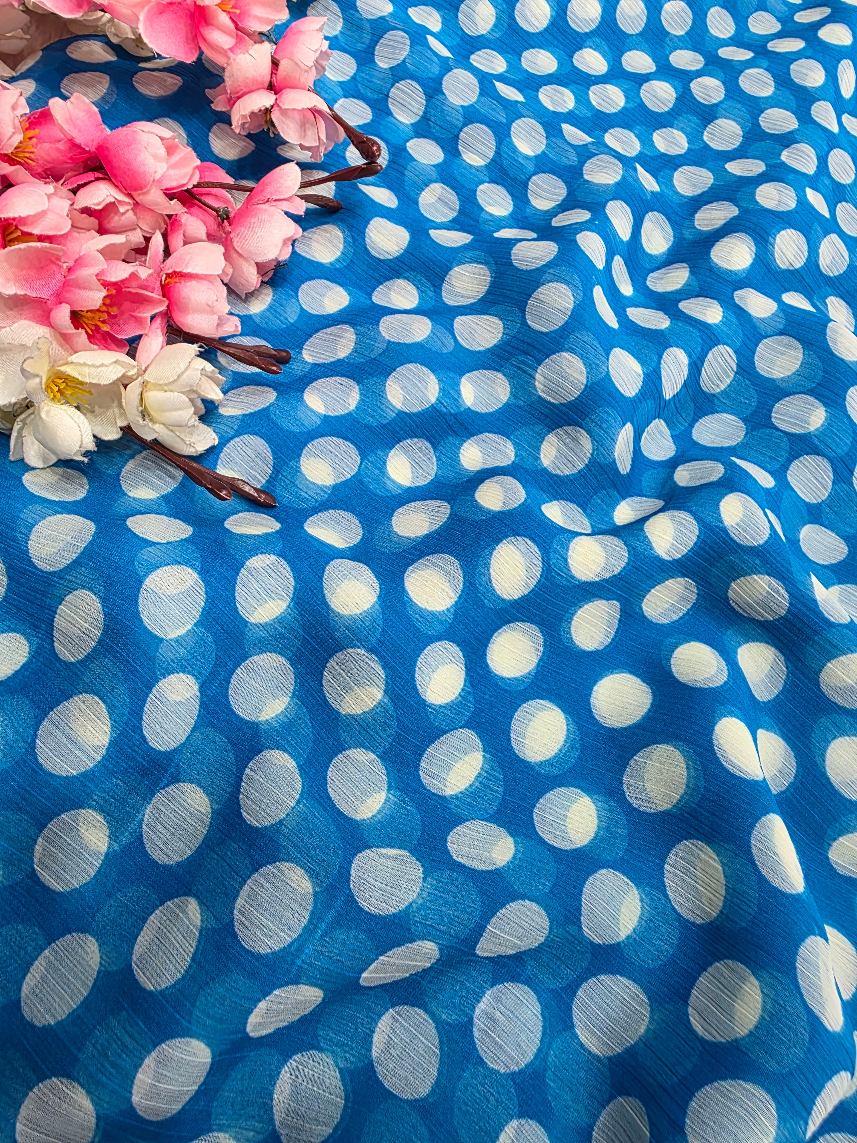 845003 Lightweight Elegant Semi Chiffon Polki Dot Print Saree - Sky Blue