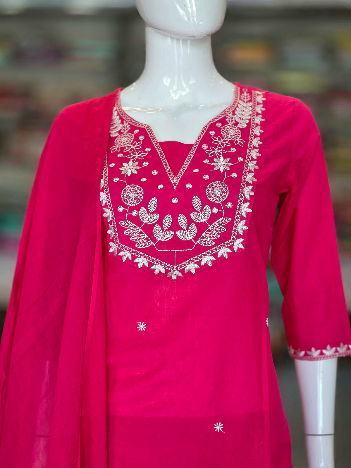 2095 Pure Cotton Straight Plain Embroidery Cotton Kurti Set With Pant and Dupatta - Rani