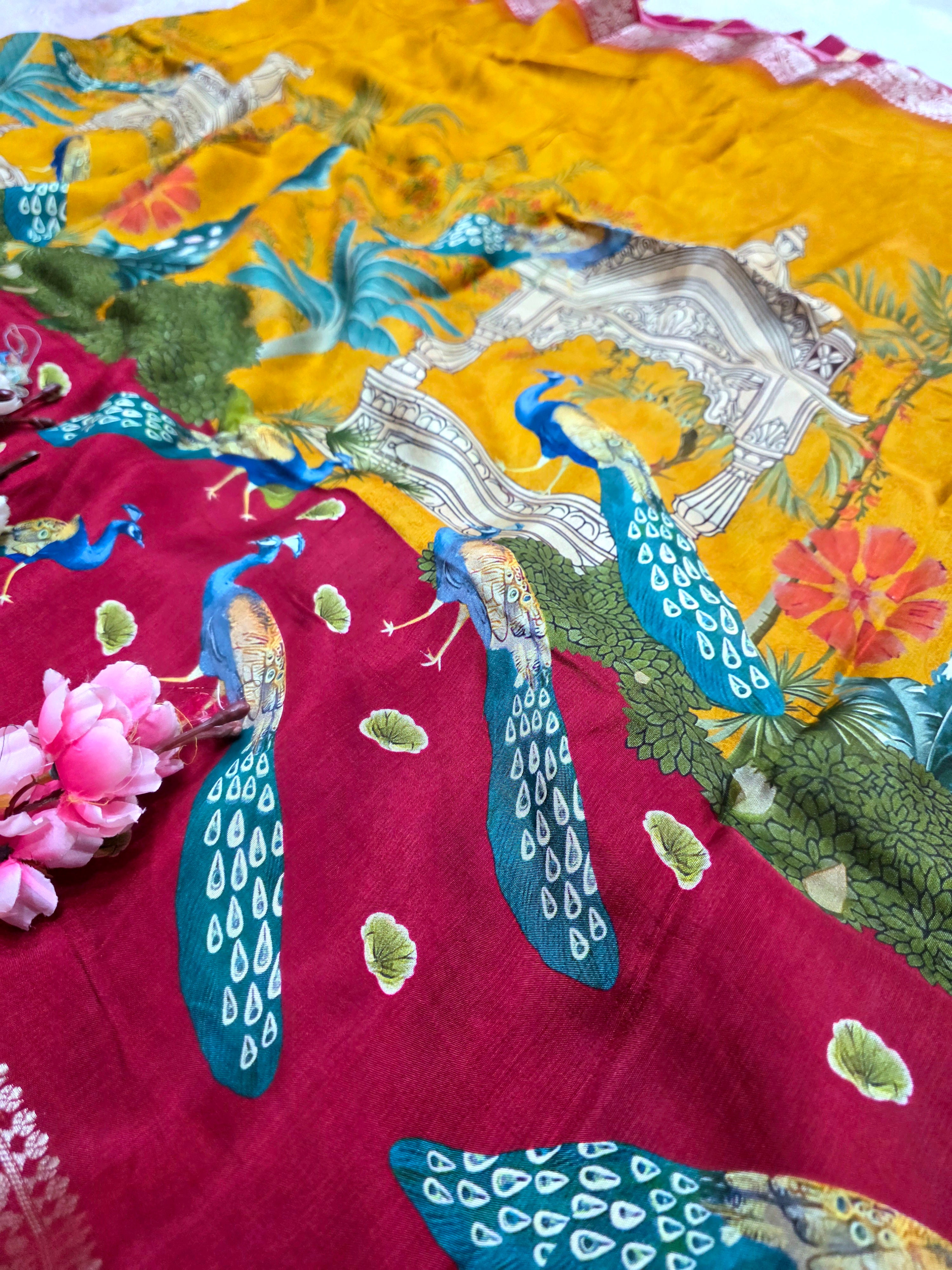 शुद्ध टसर सिल्क हाथ से बनी लेहरिया साड़ी प्रीमियम गोटापट्टी वर्क के साथ - 8837