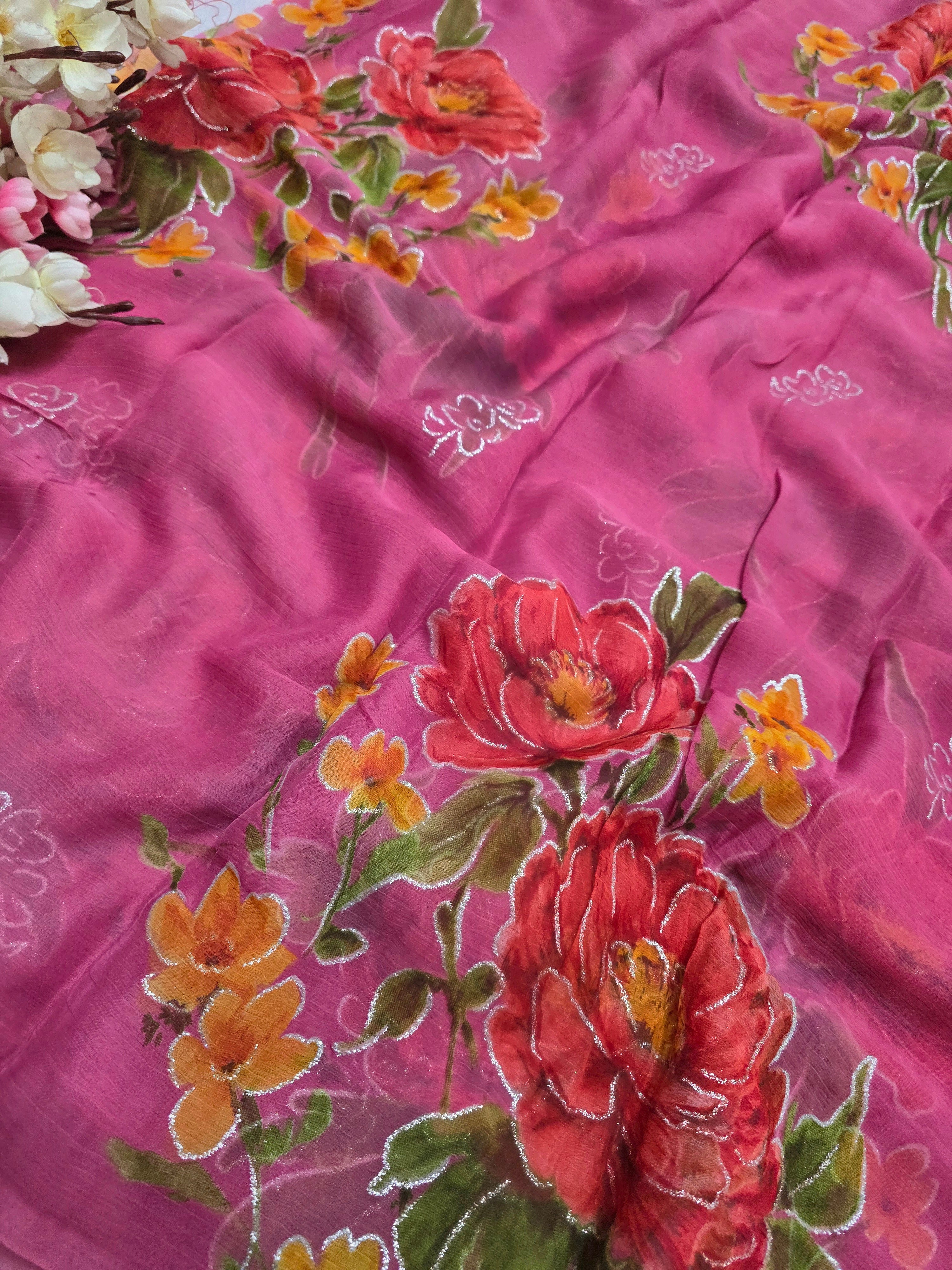 991002 Lightweight Elegant Semi Chiffon Flower Print Saree with Zari Print - Dark Pink