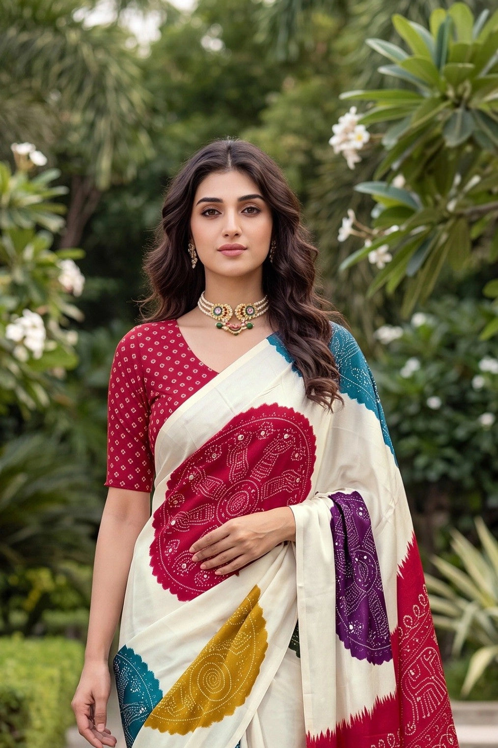 CA1499 Trending Mirror Work Ajrakh Patola Print Semi Modal Silk Saree - Red