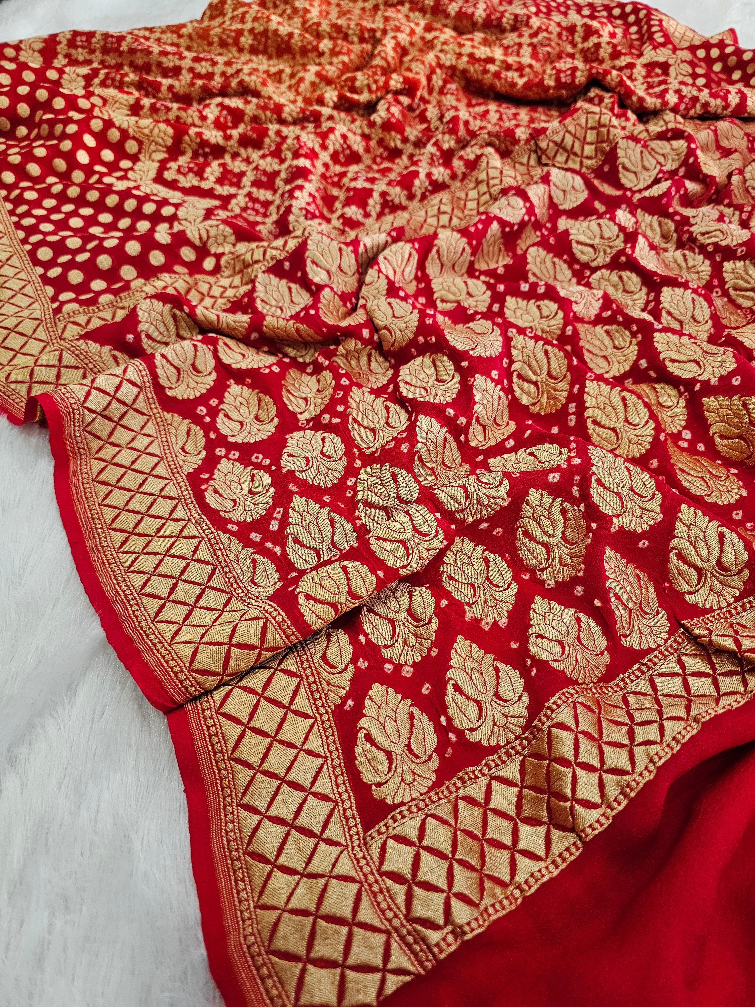 755007 Pure Georgette Red and Orange Rai Dana Bandhani Saree