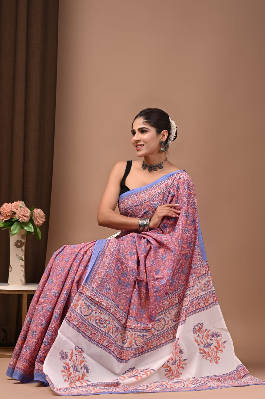 100002 Rajasthani Traditional Pure Malmal Cotton Hand block Printed Saree