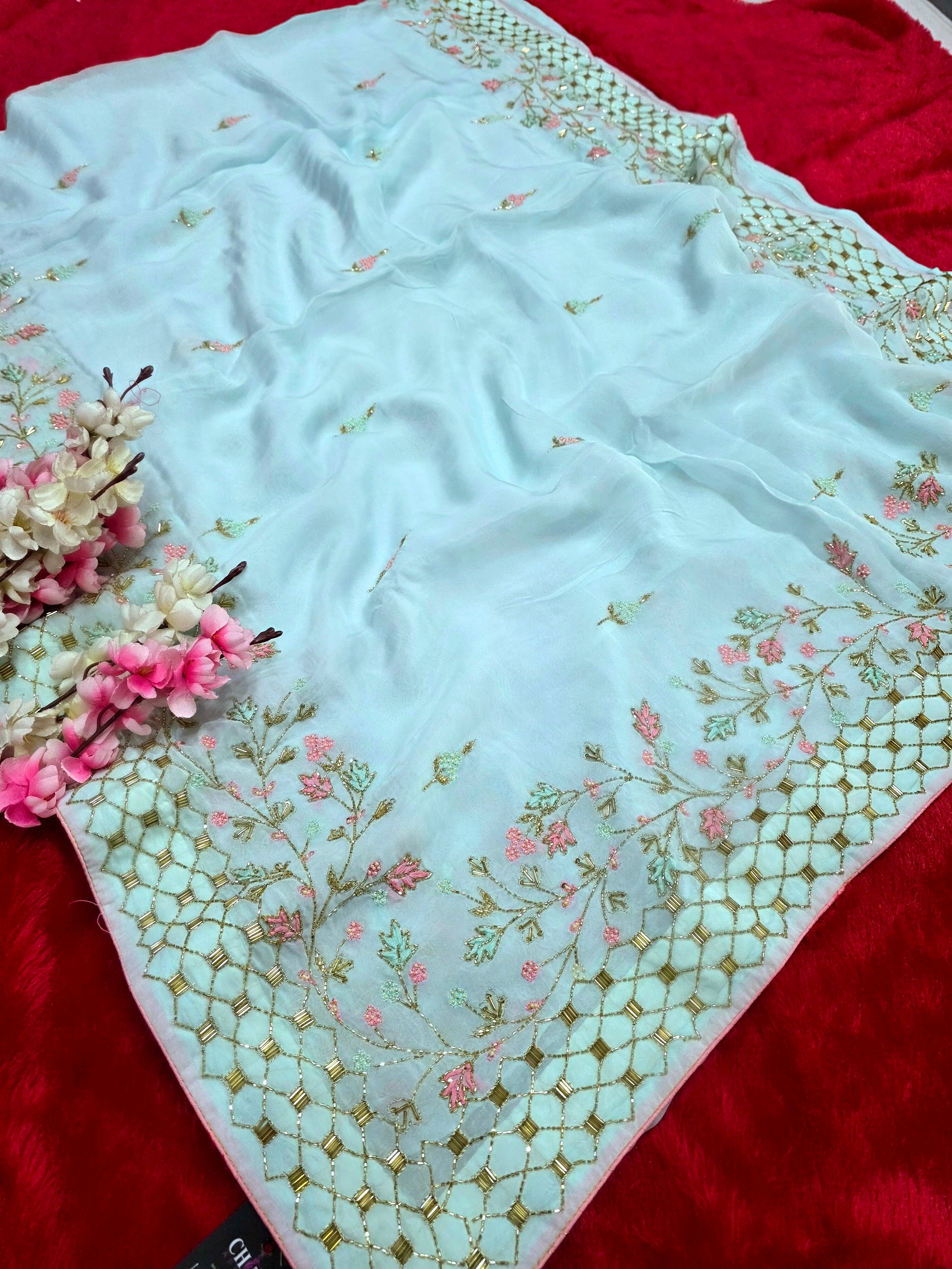 7343 Pure Soft Organza Premium Saree with Very Elegant Hand Cut dana and Zardosi Work