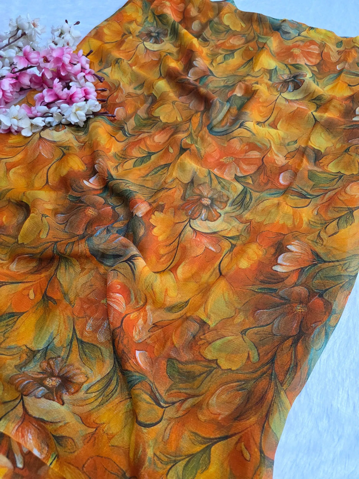 CA1469 Lightweight Elegant Semi Chiffon Flower Print Saree - Orange