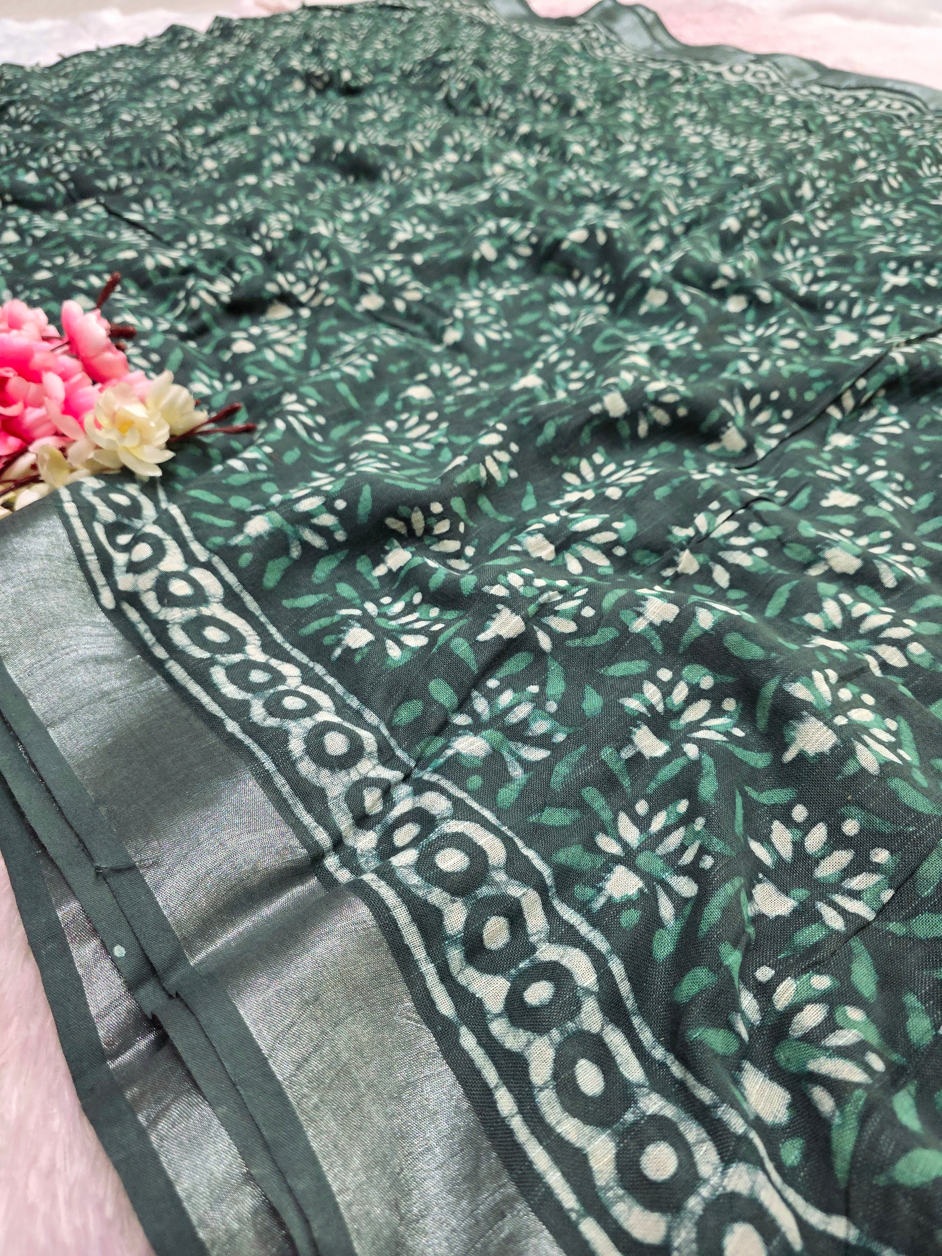 CA1442 Pure Rajasthani Linen Saree With Hand Print Green Batik Saree