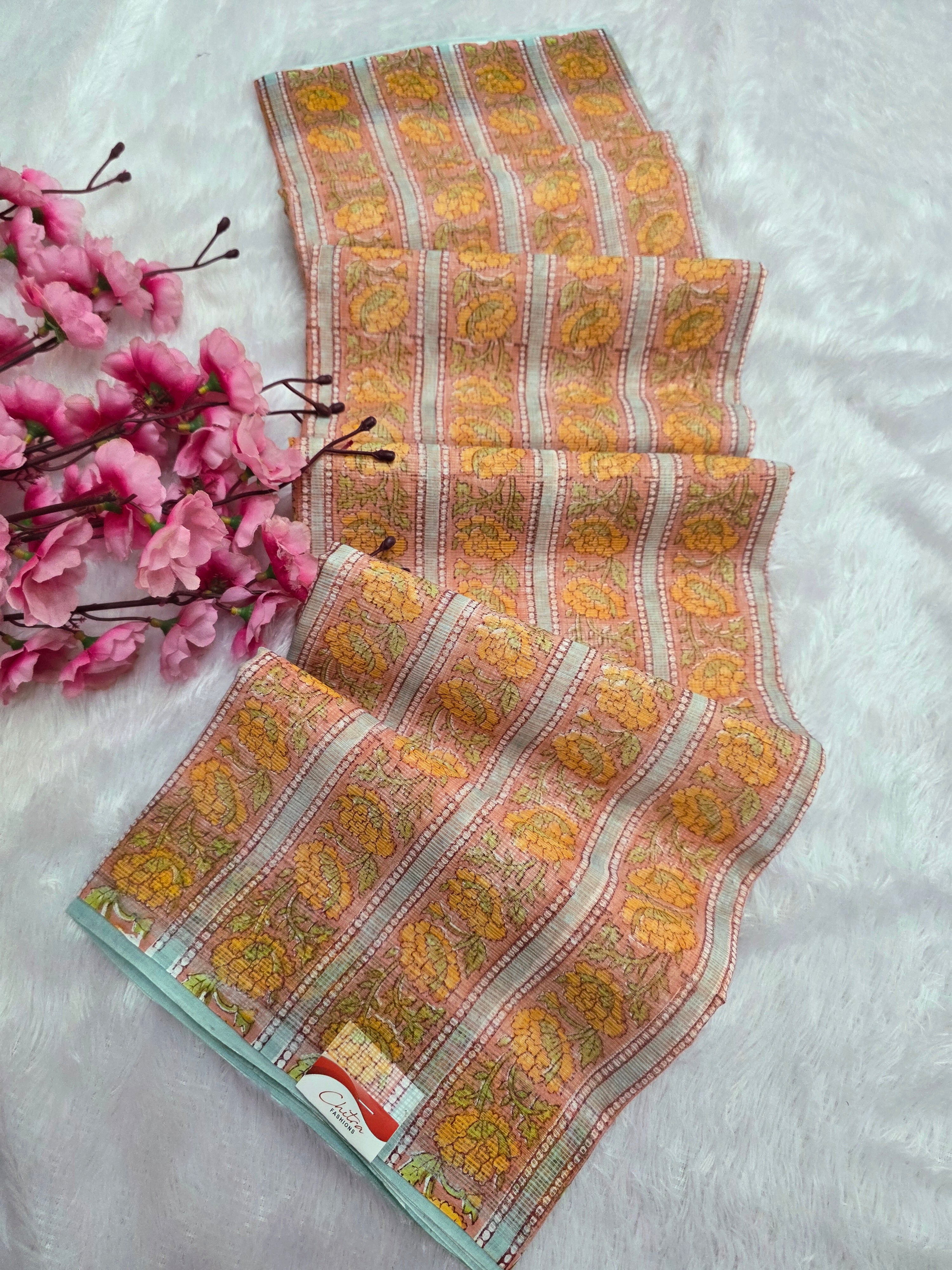 595002 शुद्ध कोटा डोरिया हैंडब्लॉक्ड प्रिंटेड साड़ी