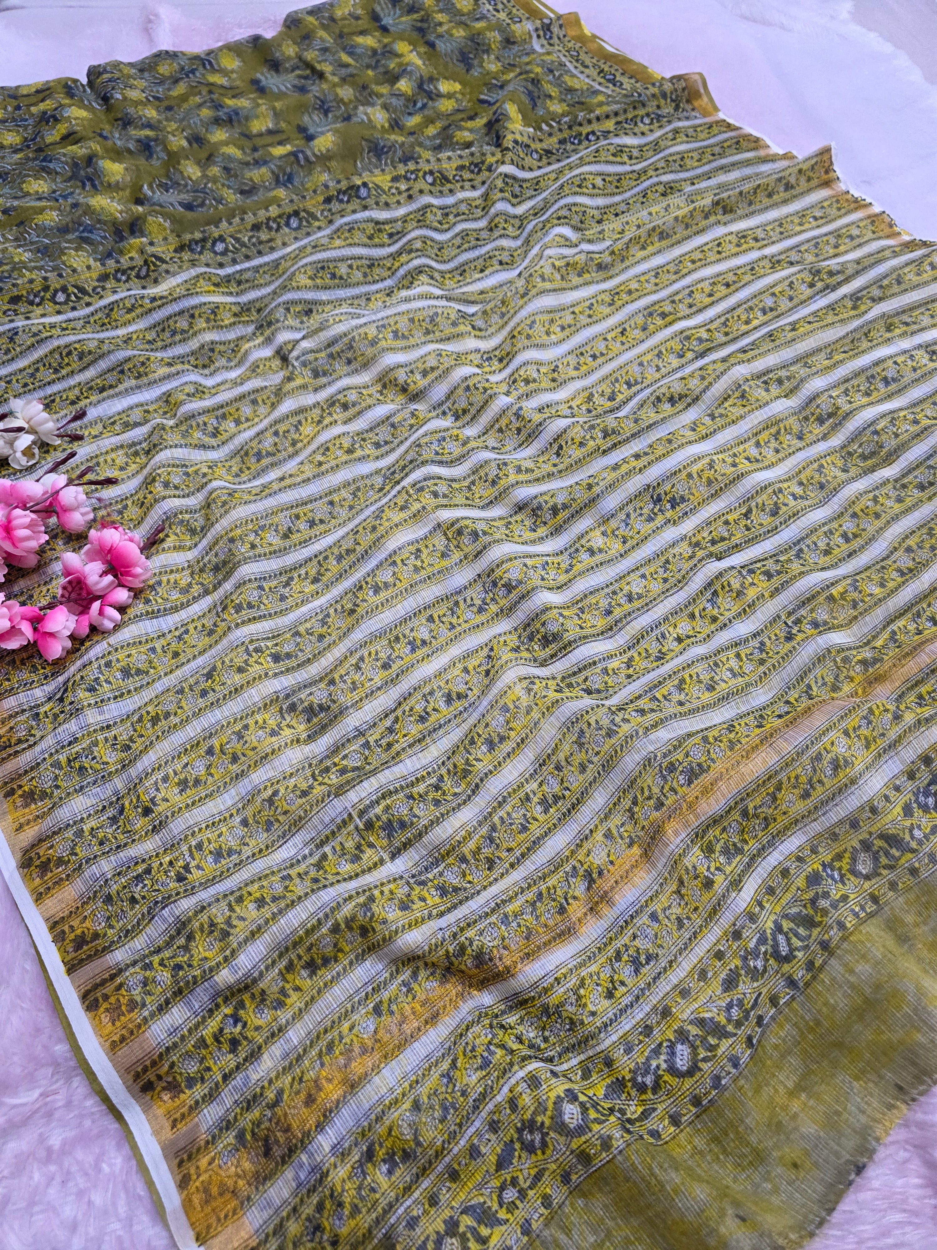 100404 Pure HandMade Flower Printed Natural Dye Kota Doria Saree