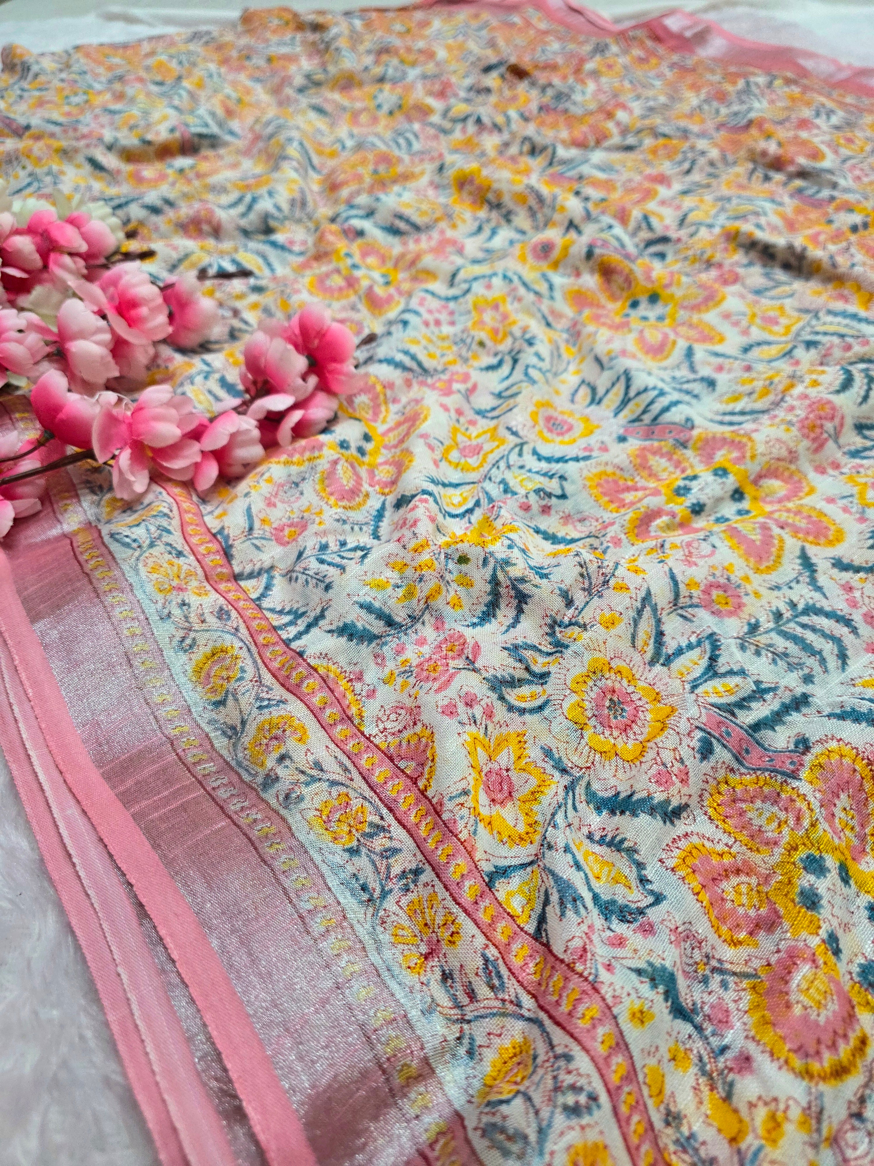 101401 Pure Rajasthani Natural Cotton Linen Hand Printed Saree