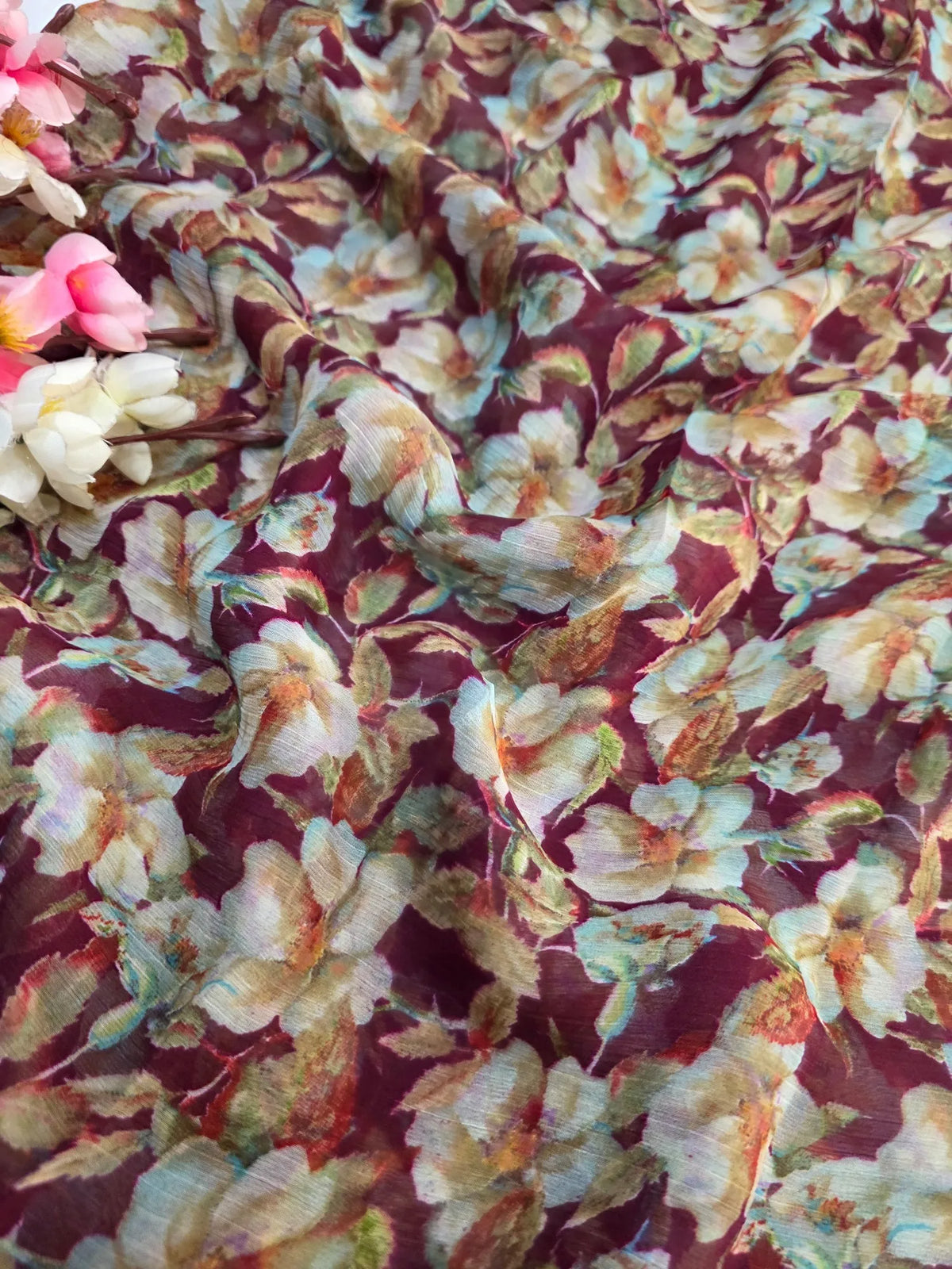 CA1031A Lightweight Elegant Semi Chiffon Flower Print Saree - Maroon
