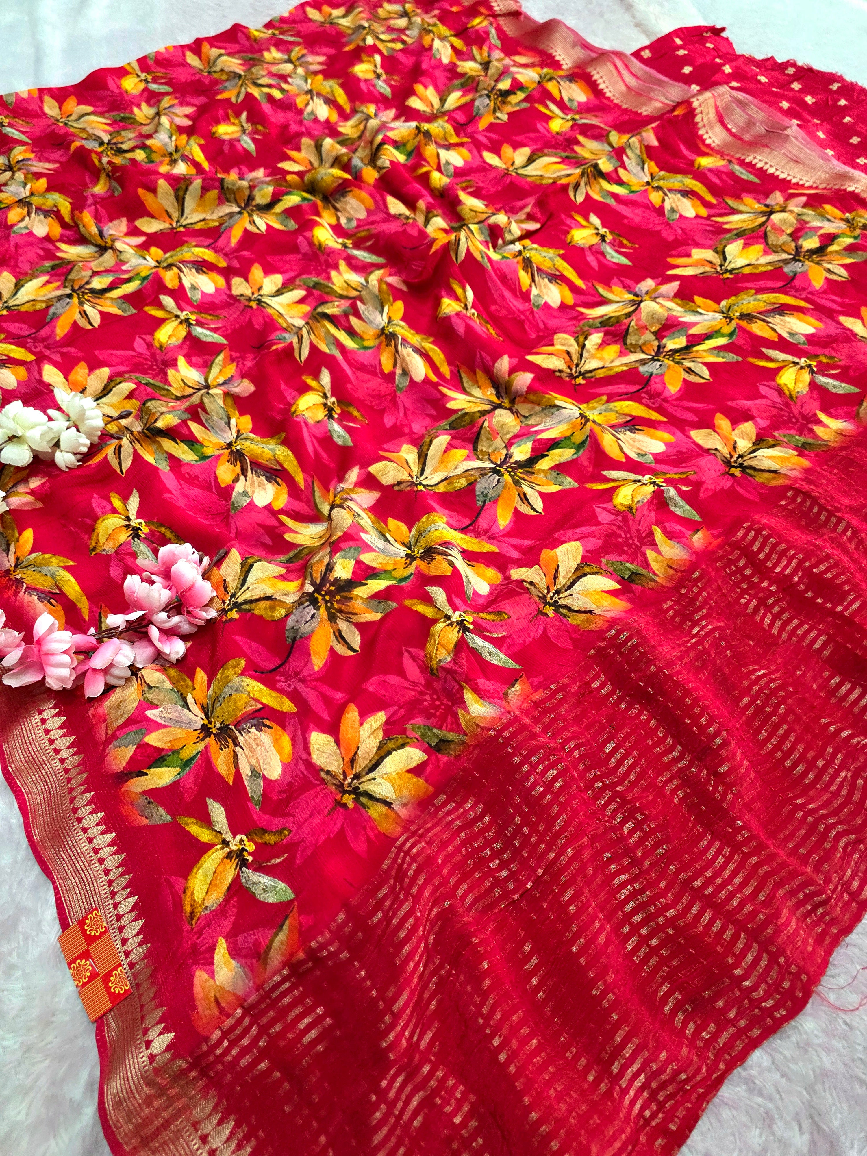 CA0967 Chitra Exclusive Pure Chinon Silk Flower Printed Saree With Zari border