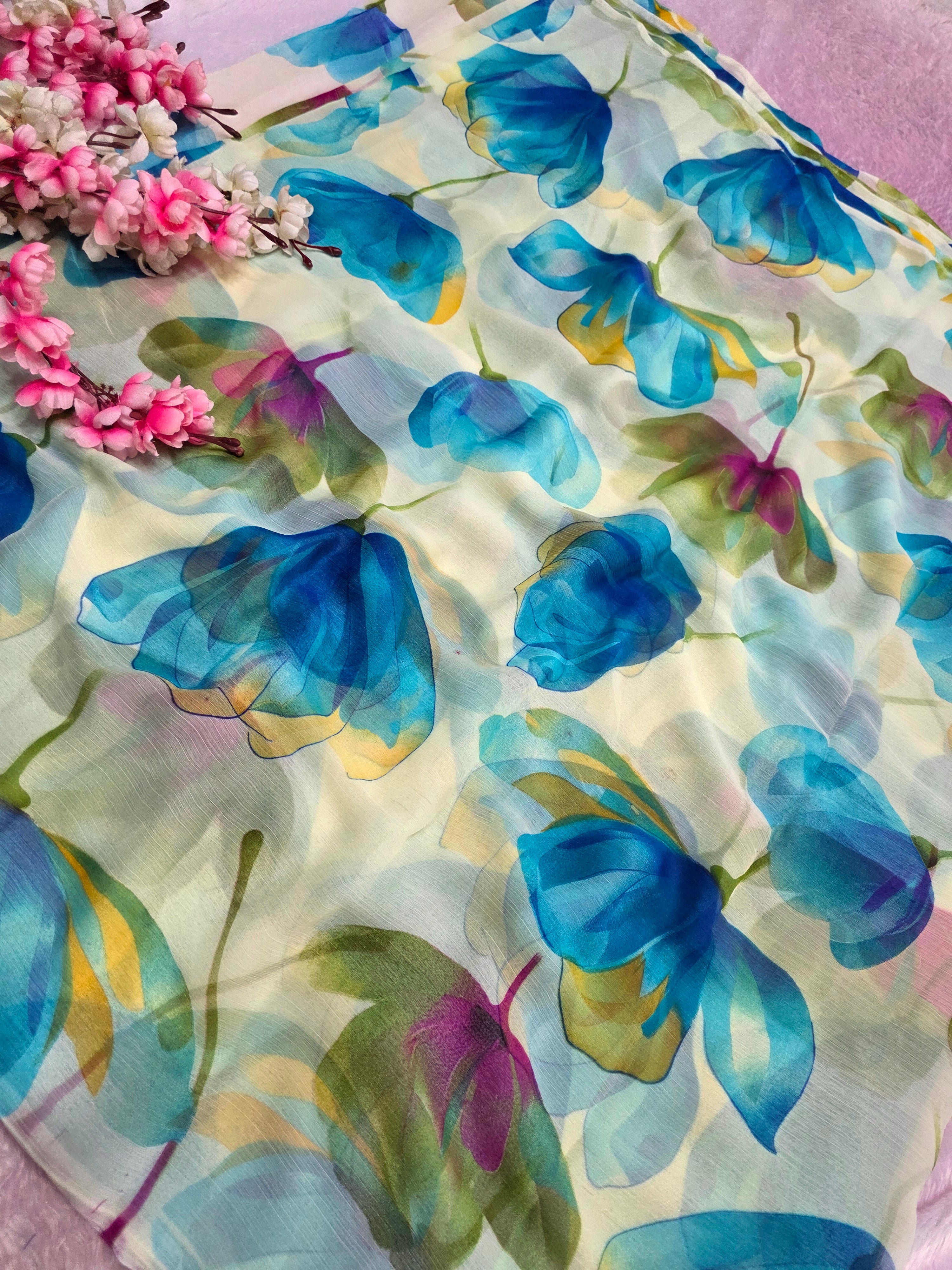 103905 Lightweight Elegant Semi Chiffon Flower Print Saree - Blue