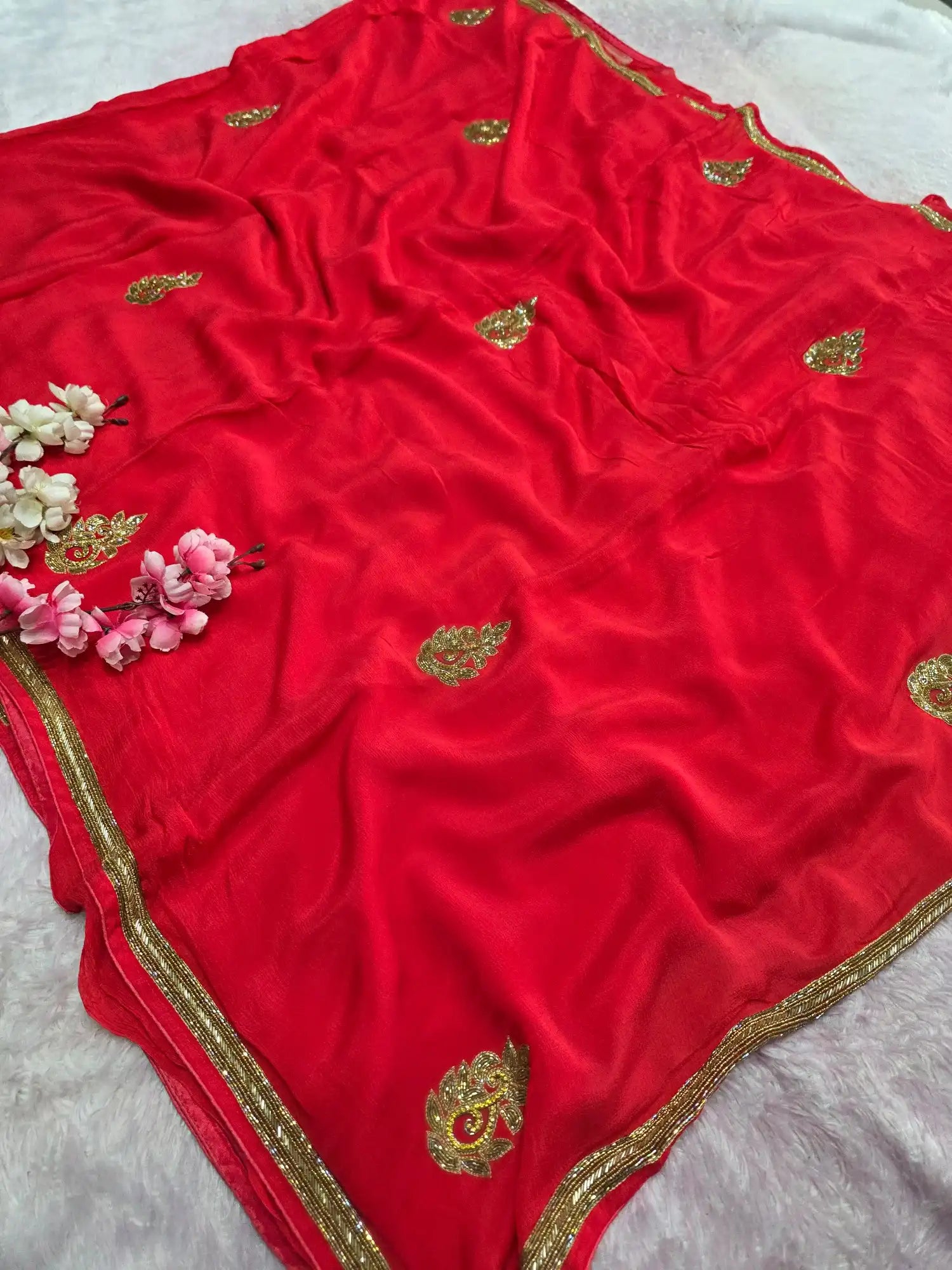 0496 Pure Chinon Silk Rajasthani hand Work Red Designer Saree