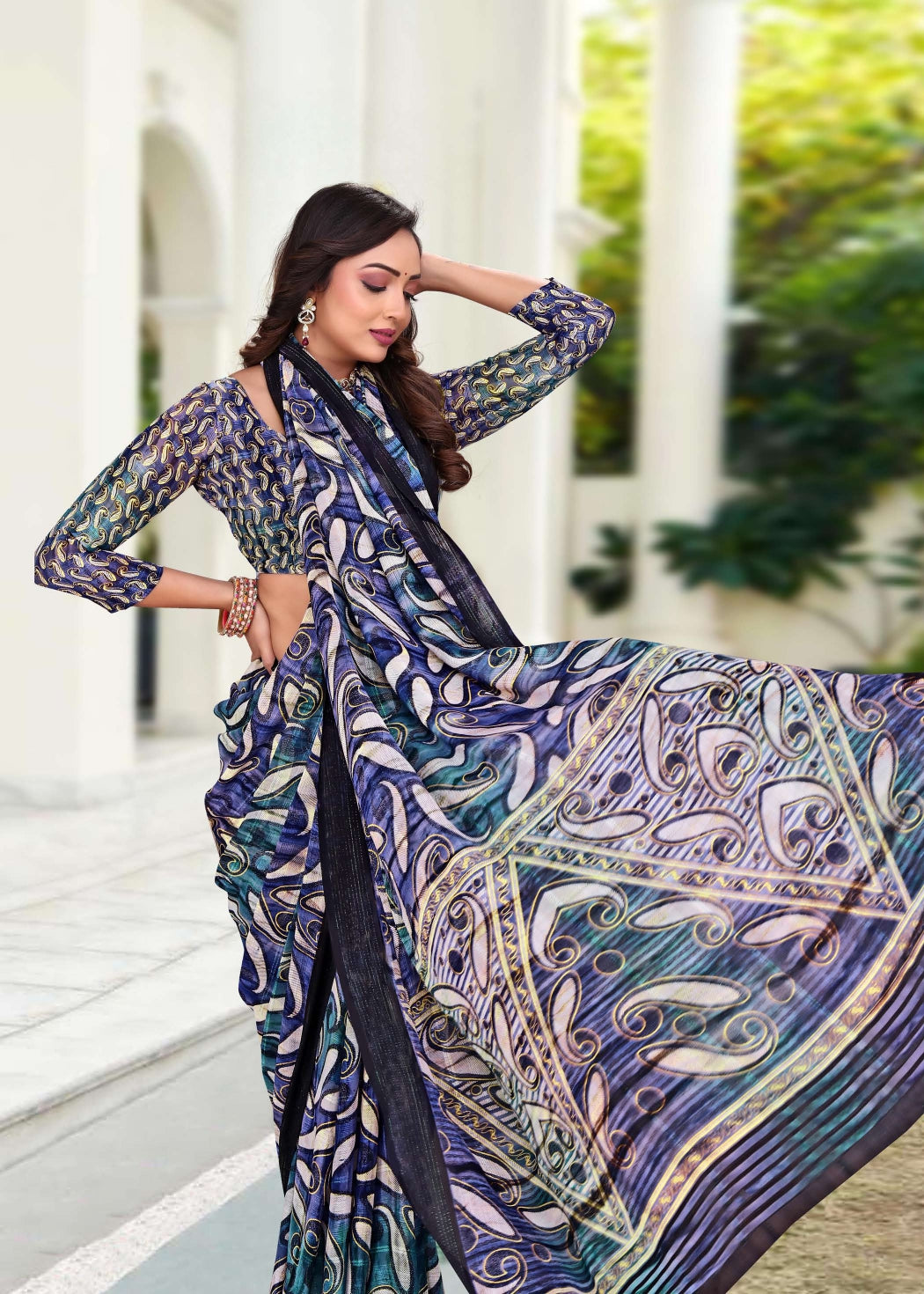 914002 Premium Georgette Saree with Unique Print - Blue